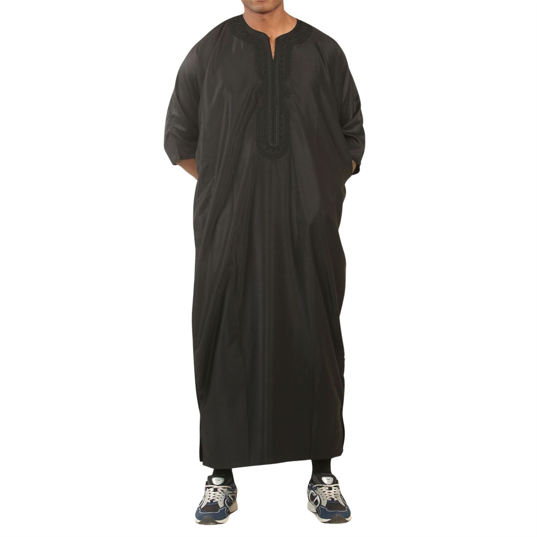 Men's Moroccan Thobe Gandoura Short Sleeve Jubba Islamic Clothing Kaftan Eid Robe Arab Embroidery
