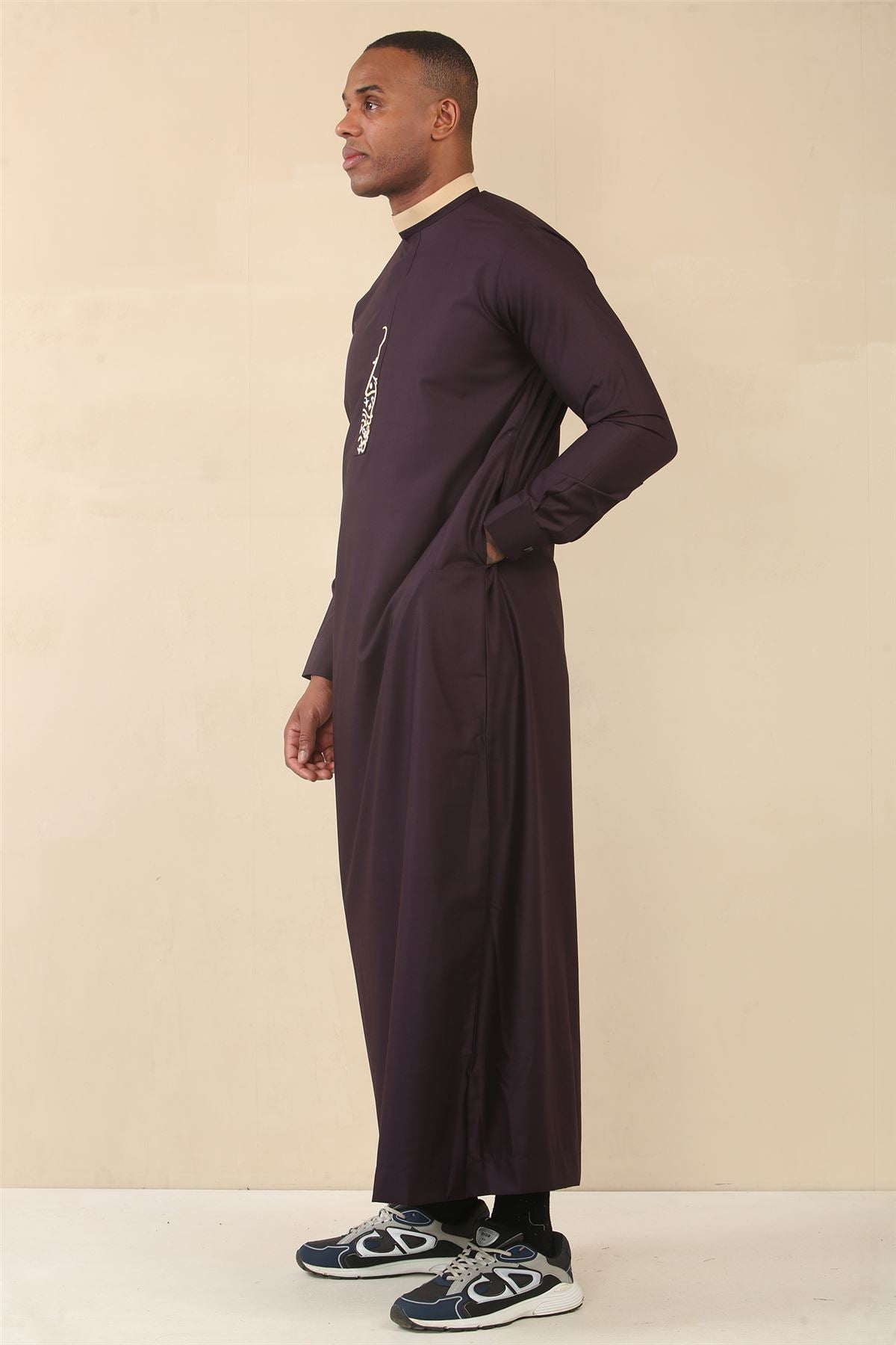 Men's Thobe Jubba Nehru Round Collar Islamic Clothing Muslim Kaftan Embroidery Eid Robe Saudi