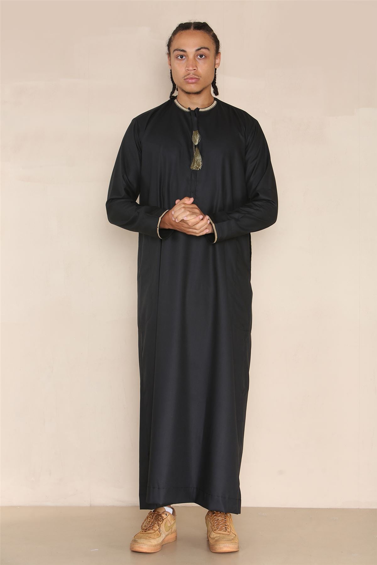 Mens Emirati Omani Thobe Jubba Islamic Clothing Muslim Kaftan Eid Robe Arab String Tassel