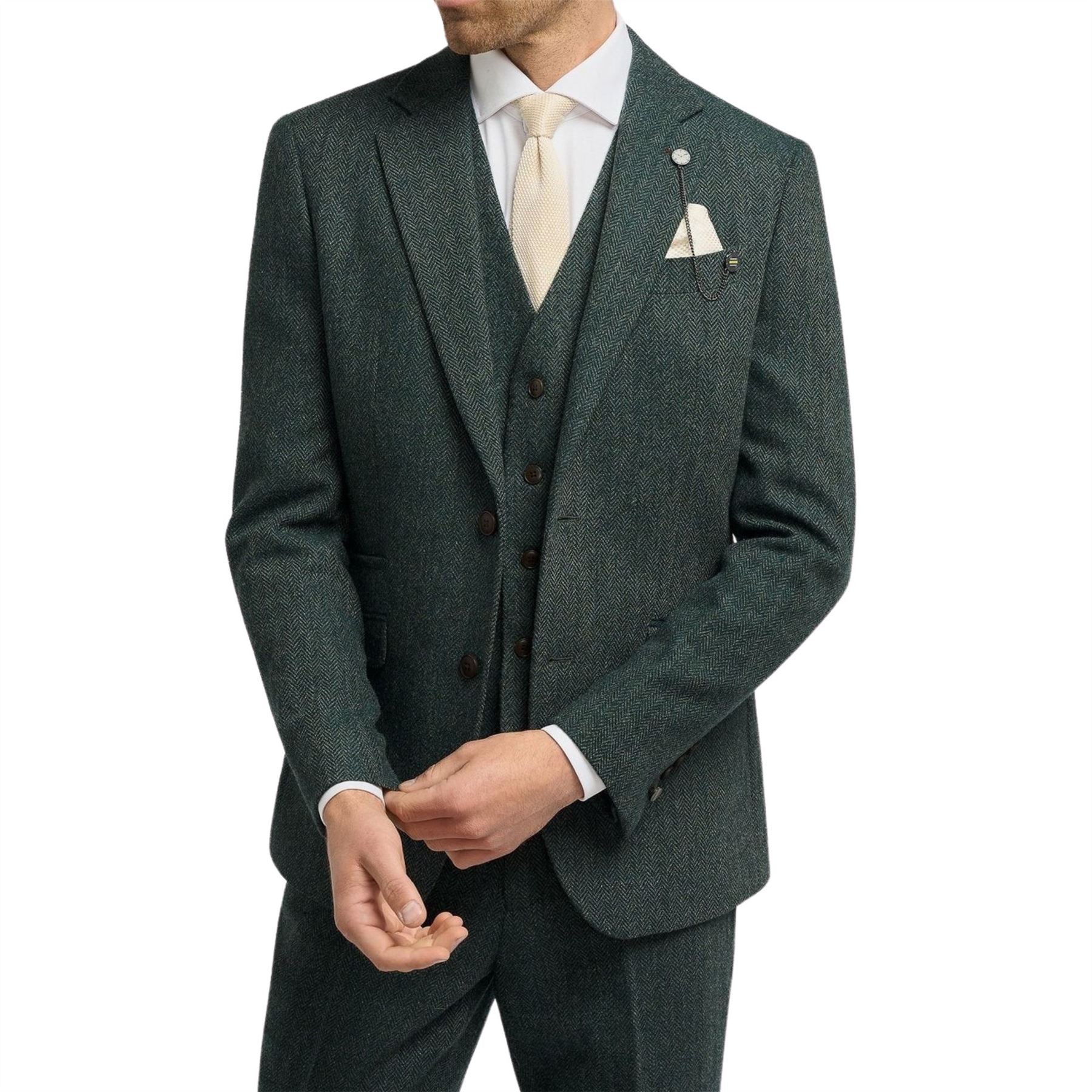 Thomas - Men's Olive Green Classic Herringbone Tweed Blazer