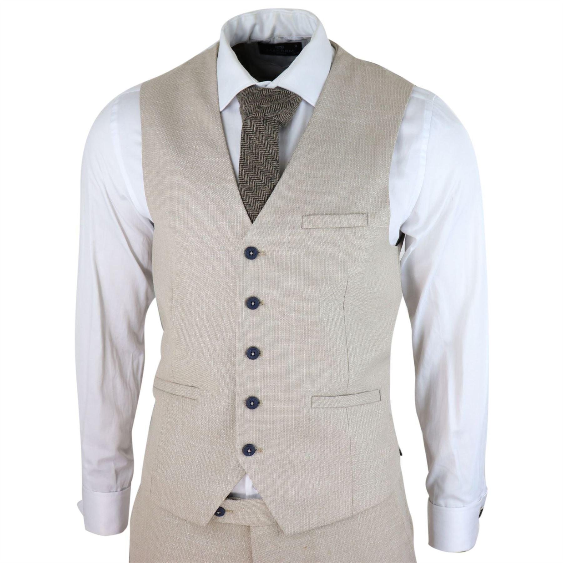 Mens 3 Piece Suit Linen Beige Cream 2 Button Tailored Fit Classic Retro - Knighthood Store