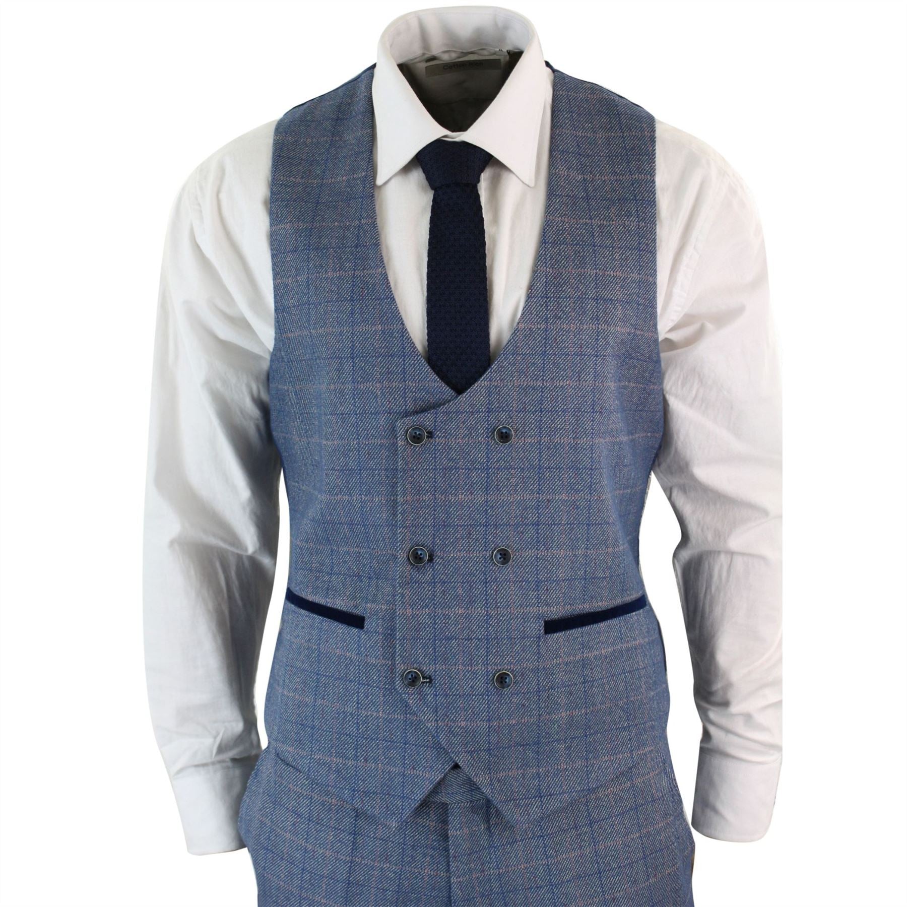 Mens Blue Check Marc Darcy 3 Piece Suit Double Breasted Waistcoat Elbow Patch