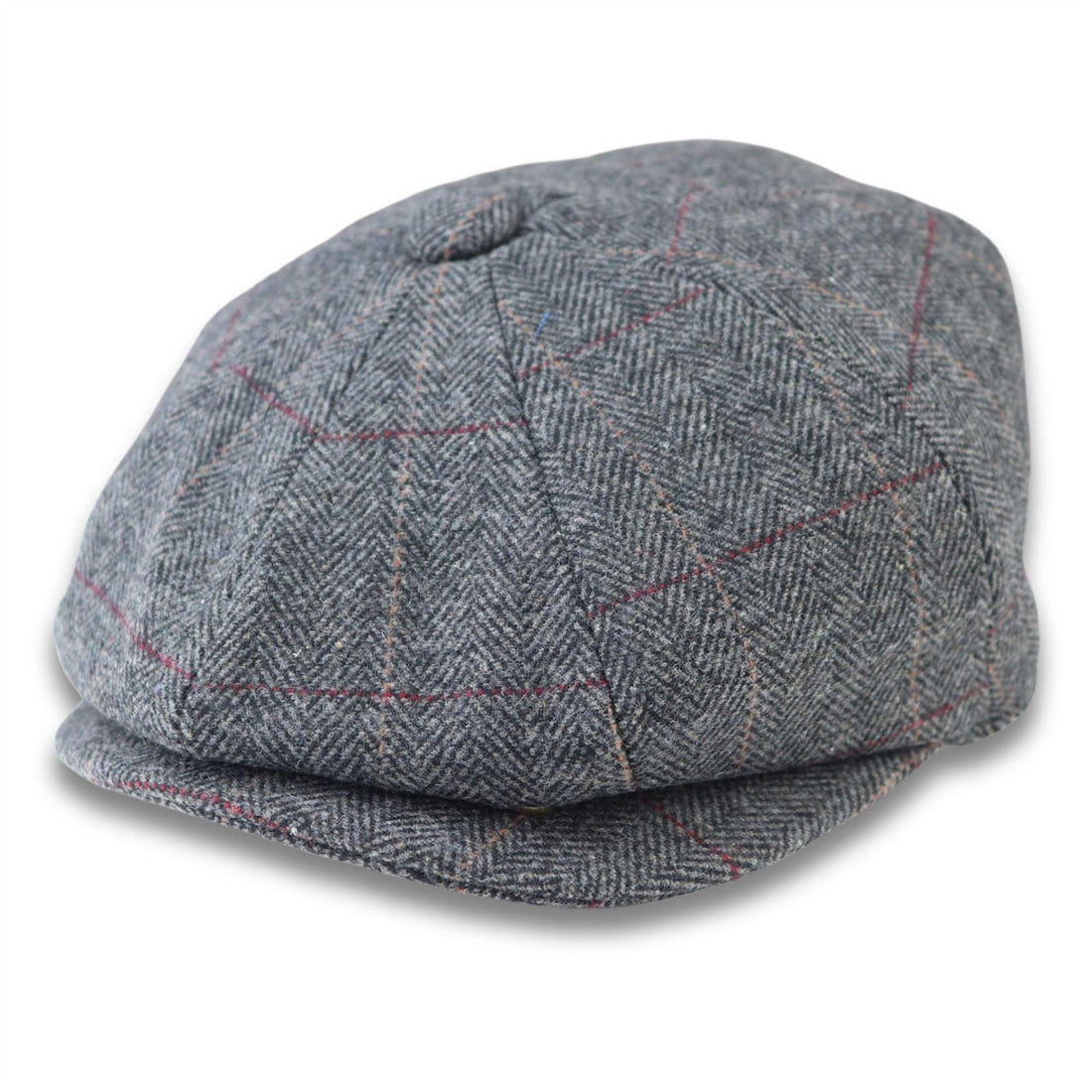 Men's Flat Cap Wool Blend Tweed Herringbone Grey Check Newsboy Baker Boy 8 Panel Hat - Knighthood Store