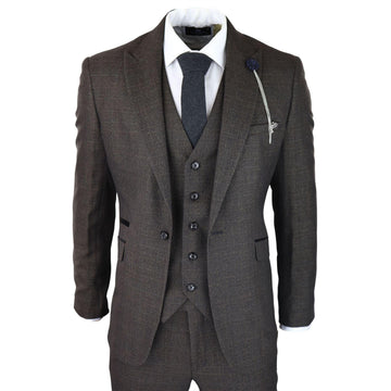 Mens 3 Piece Check Suit Tweed Black Brown Tailored Fit Wedding Peaky Classic - Knighthood Store