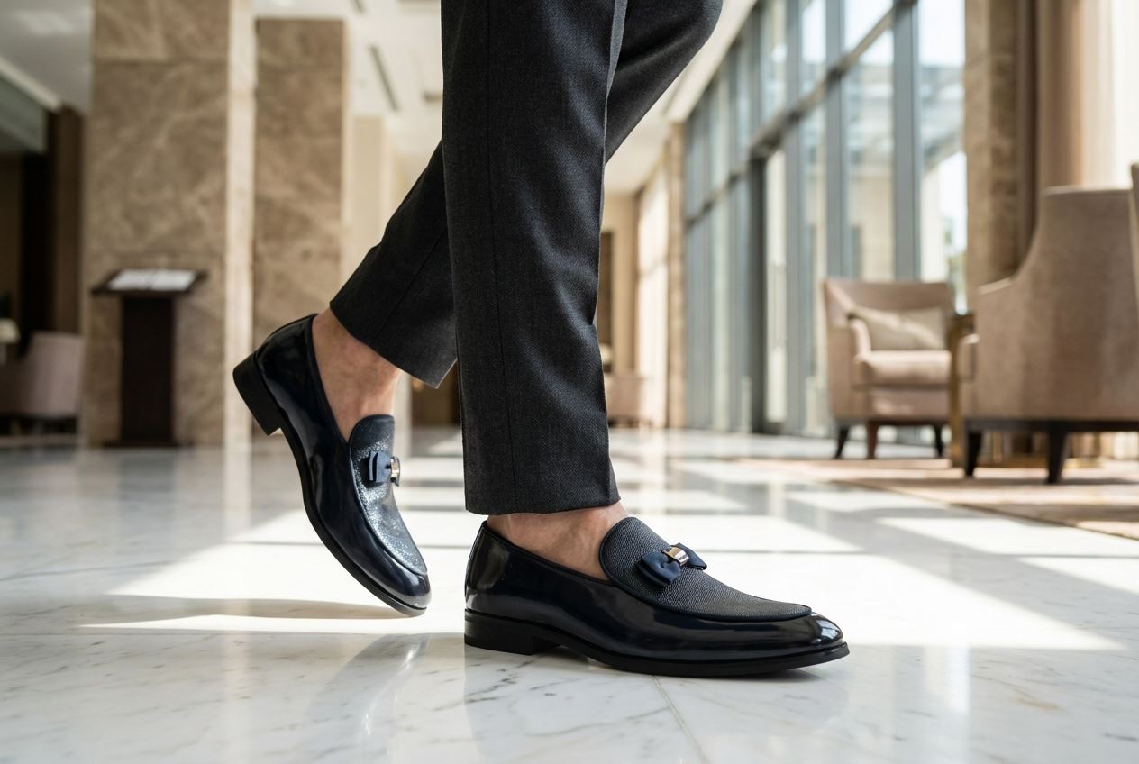 Men’s Formal Dress Loafers Patent PU Leather Textured Front Iconic Buckle Bow Modern Slip-On Shoes