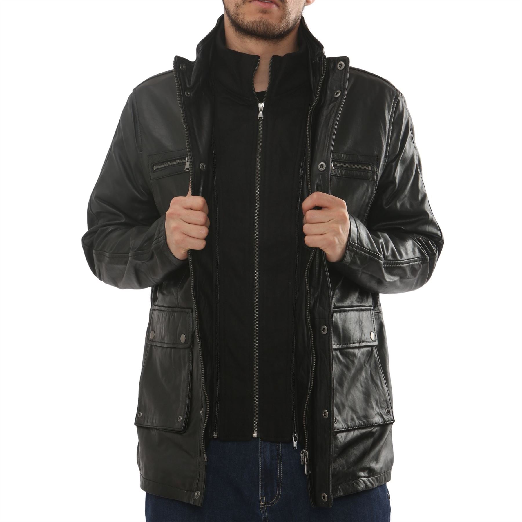 Men's Lambskin Leather Stand Collar Field Jacket