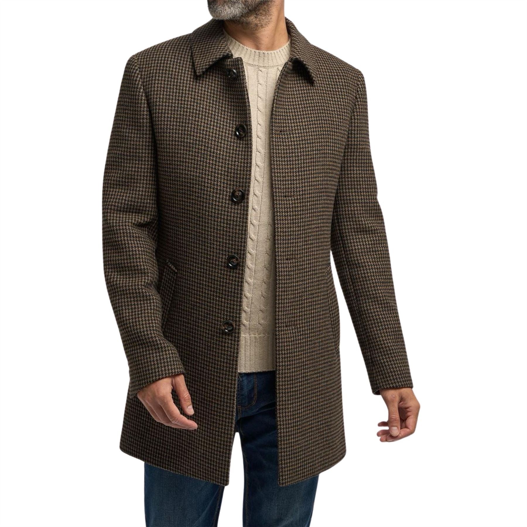 Pearson - Men's Brown Wool Blend Houndstooth Tweed Overcoat