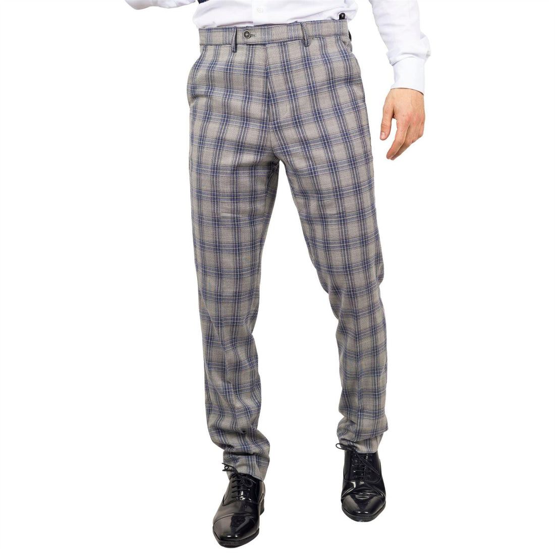 Men's Trousers Grey Blue Checked Casual Formal Pants - Knighthood Store