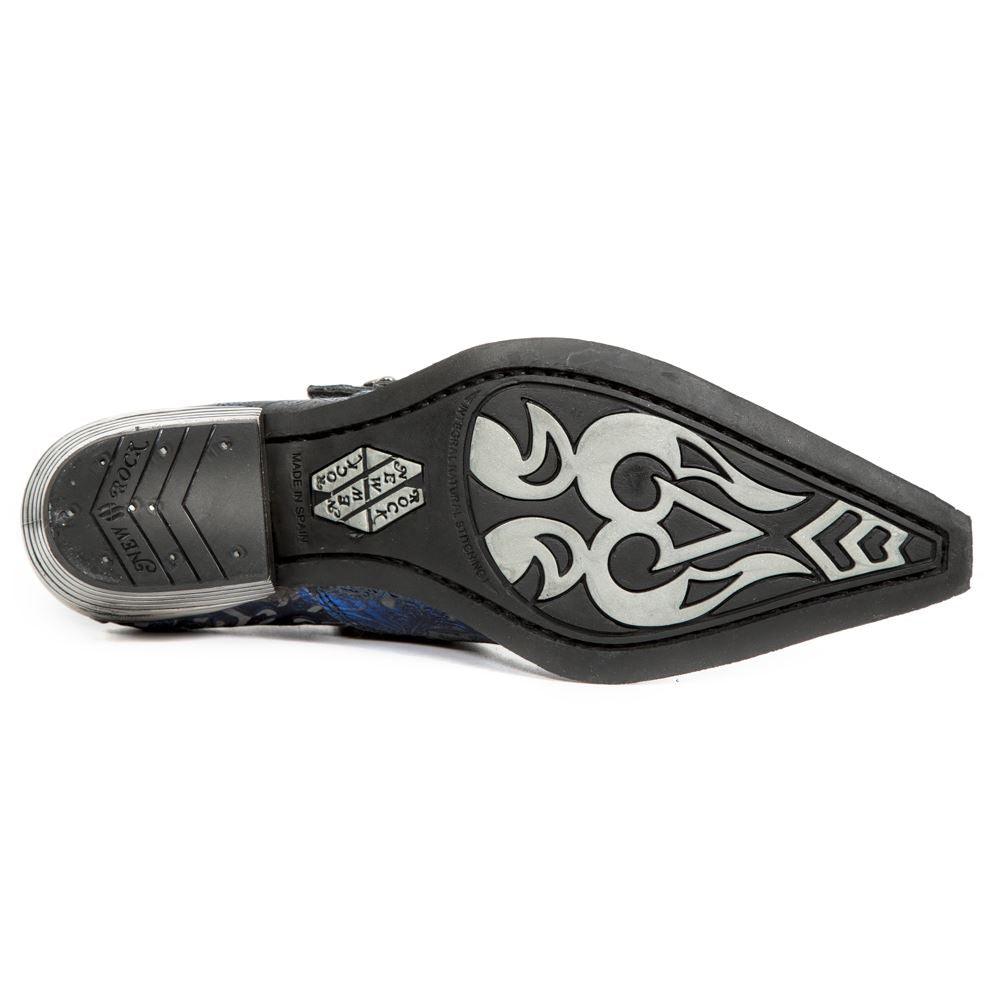 New Rock 7960-s7 Shoe Embossed Vintage Blue Leather Buckle Steel Heel Shoes - Knighthood Store