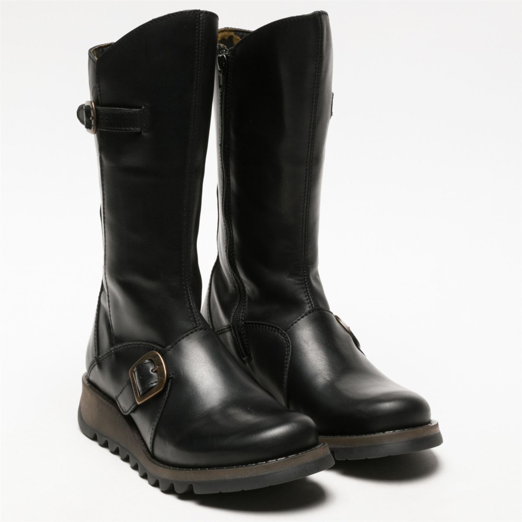 MES2913 - Women's Wedge Heel Buckle Mid Calf Leather Boots