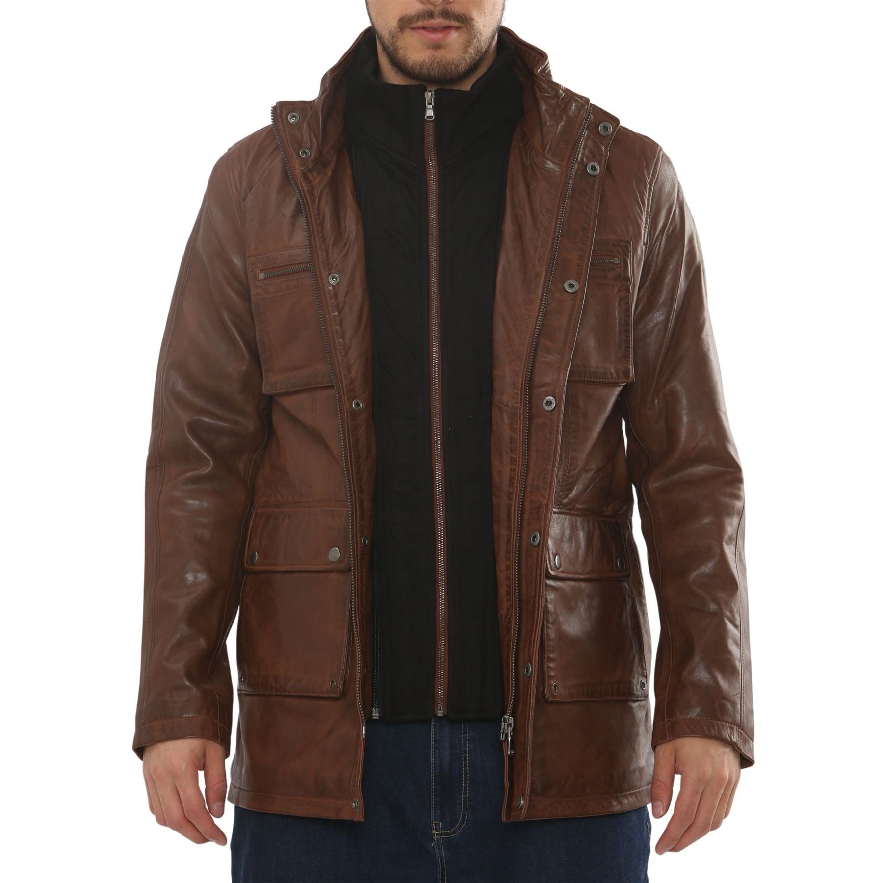 Men's Lambskin Leather Stand Collar Field Jacket