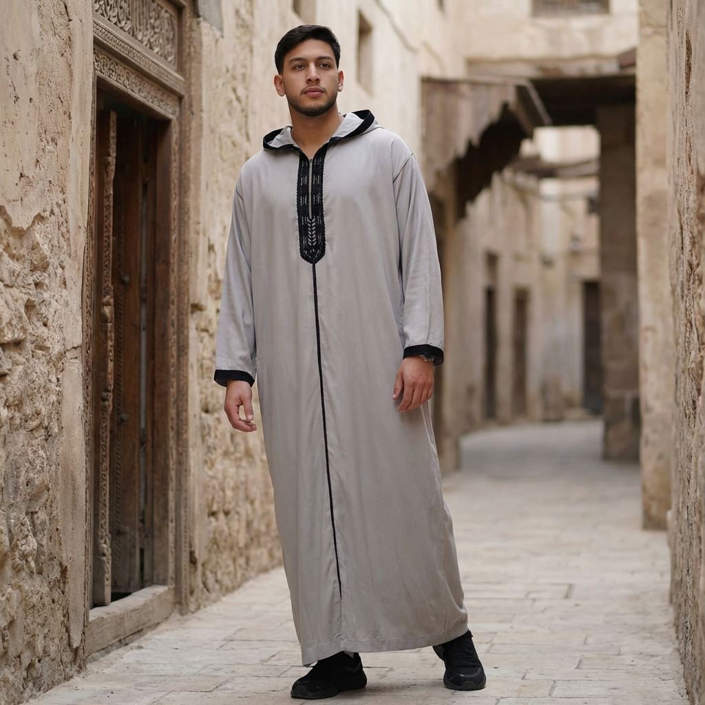 Men's Hooded Gandoura Embroidery Moroccan Thobe