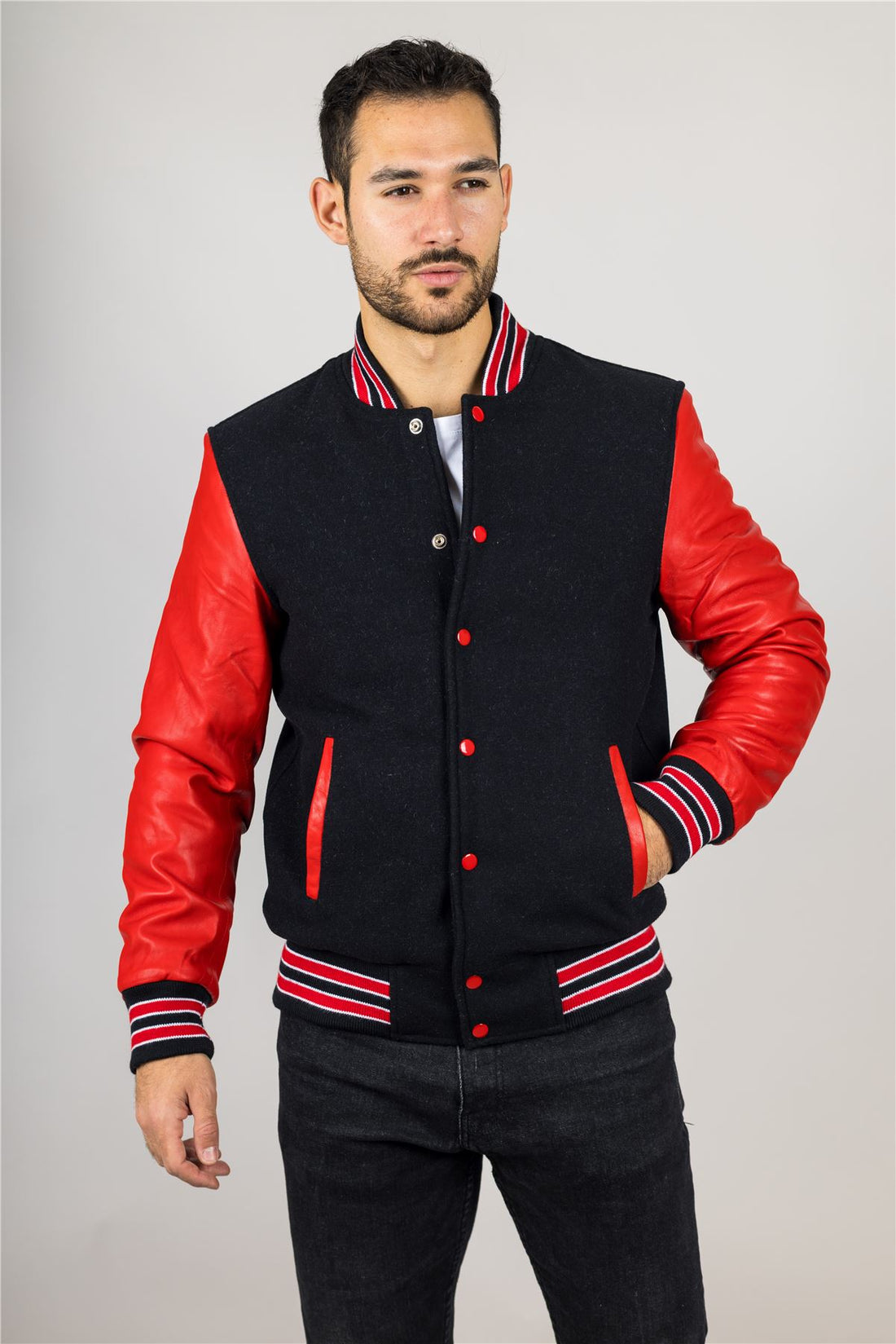 Men's Black Red Varsity Bomber Jacket Wool Body Real Leather Sleeves College Baseball Coat