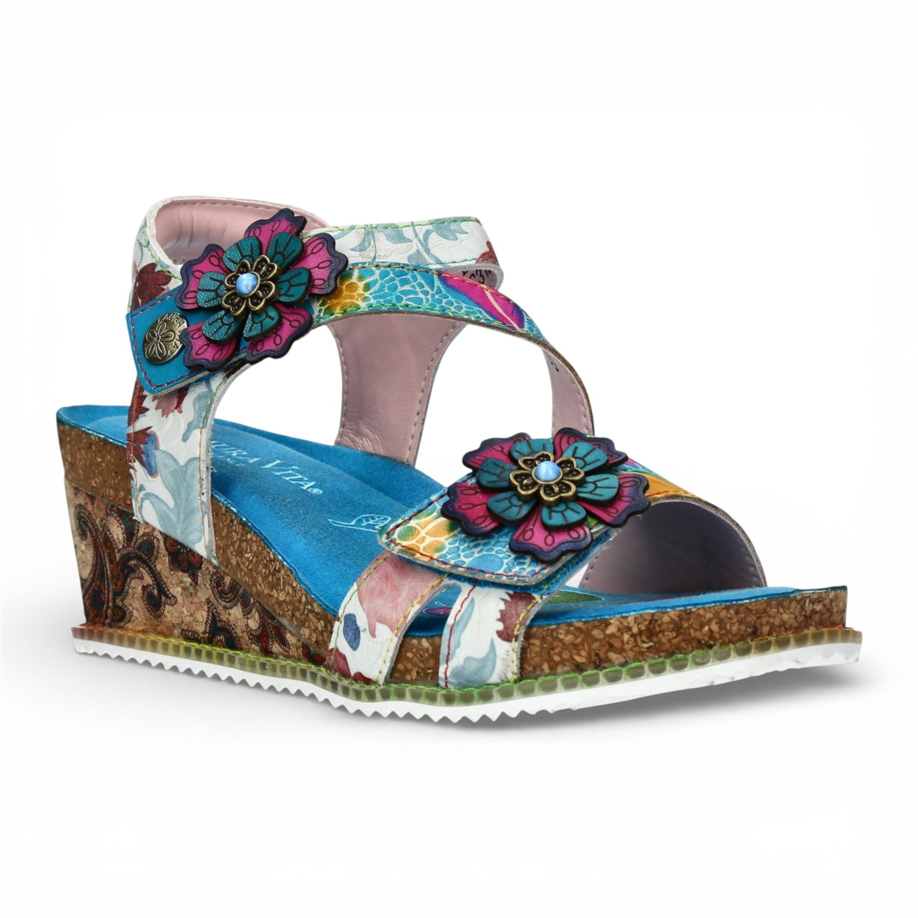 Bonito 32 - Women's Blue Floral Leather Wedge Sandals