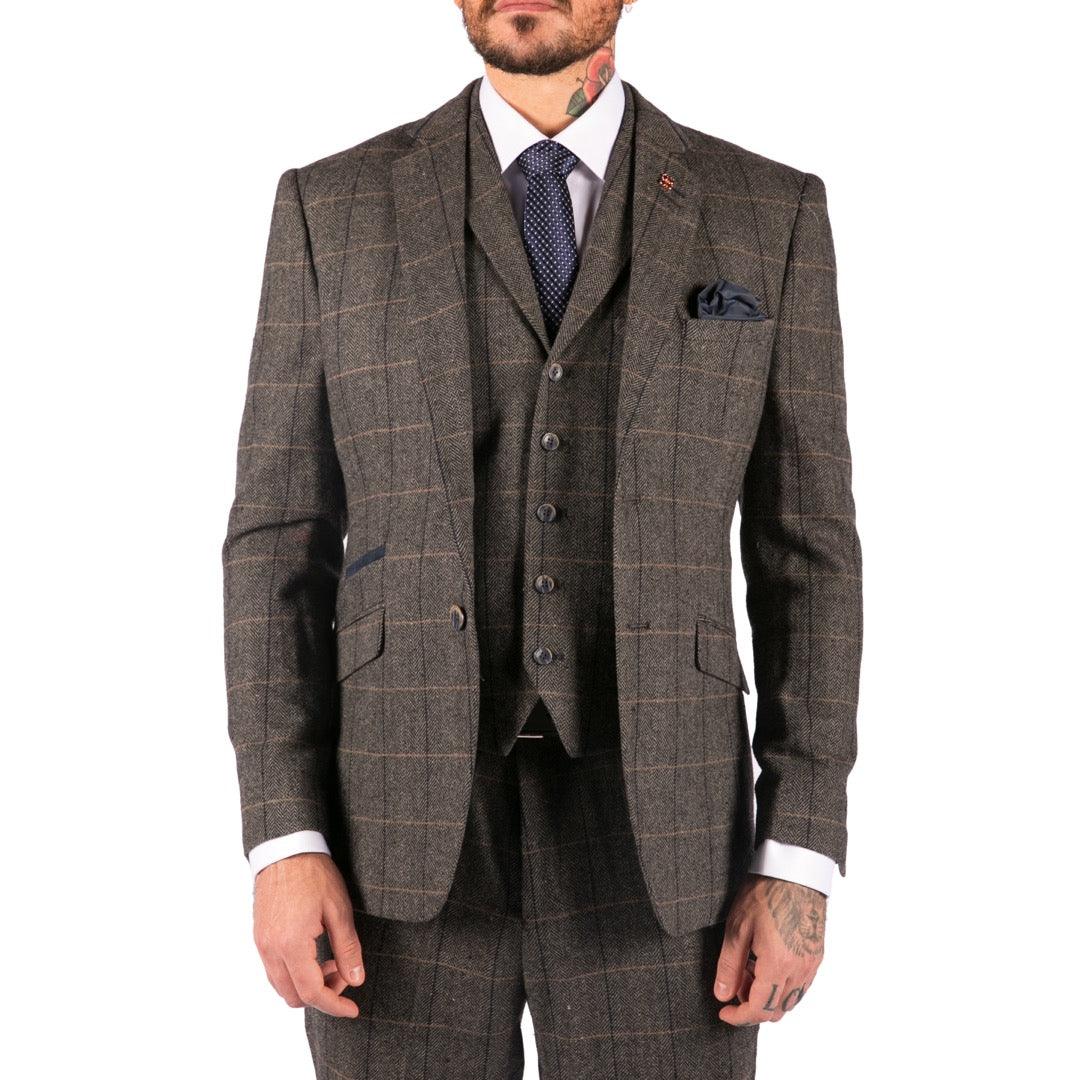 Mens 3 Piece Classic Tweed Herringbone Check Grey Navy Slim Fit Vintage Suit - Knighthood Store