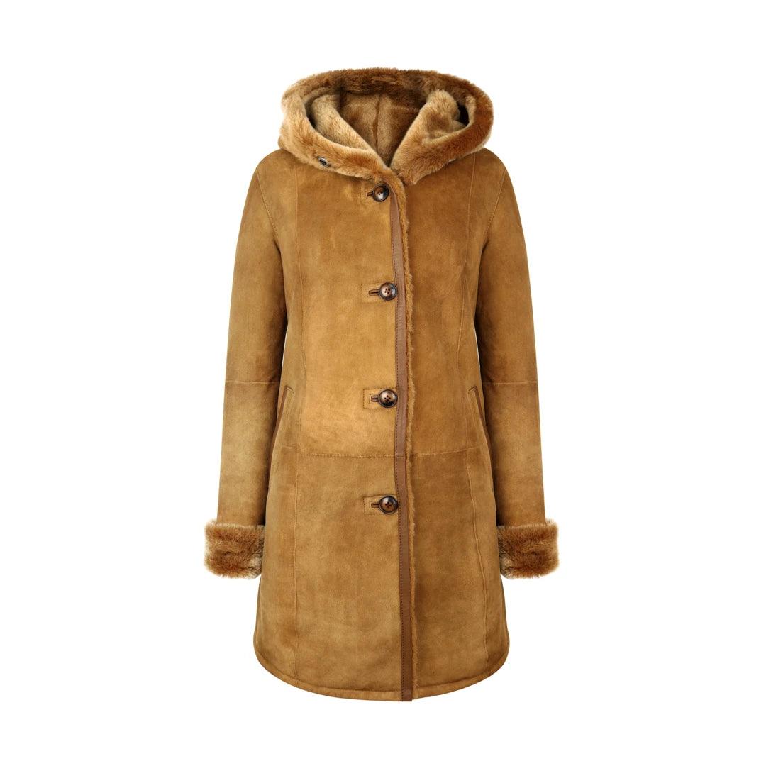 Womens Real Sheepskin Jacket 3/4 Long Hood Merino Fur Button Camel Tan - Knighthood Store