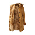Womens Real Sheepskin Jacket 3/4 Long Hood Merino Fur Button Camel Tan - Knighthood Store