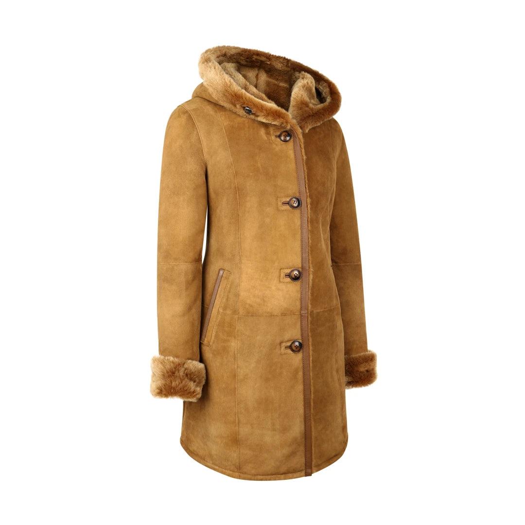 Womens Real Sheepskin Jacket 3/4 Long Hood Merino Fur Button Camel Tan - Knighthood Store