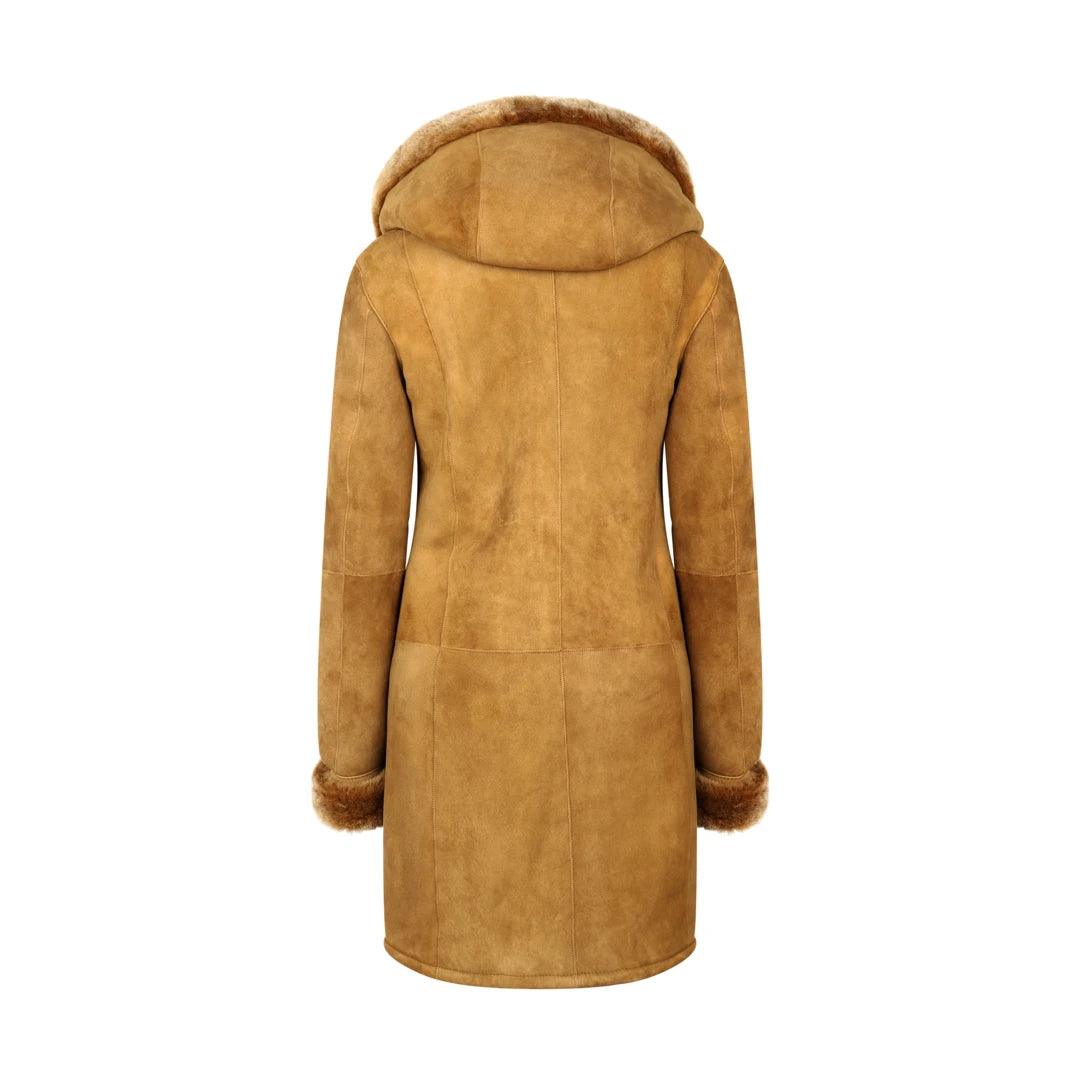 Womens Real Sheepskin Jacket 3/4 Long Hood Merino Fur Button Camel Tan - Knighthood Store