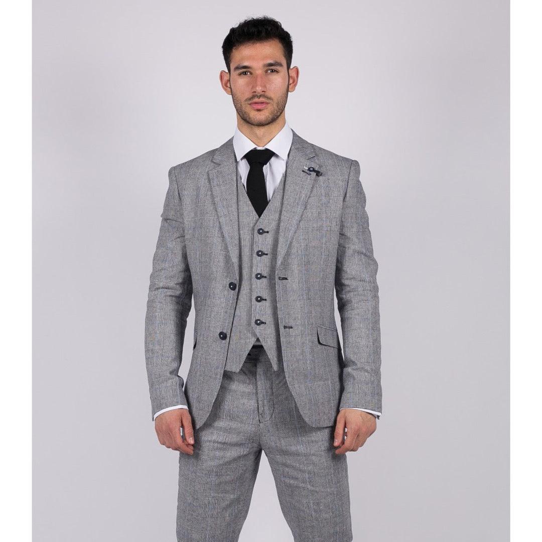 Mens 3 Piece Summer Suit Grey Check Blue Black Tailored Fit Classic Wedding Formal - Knighthood Store