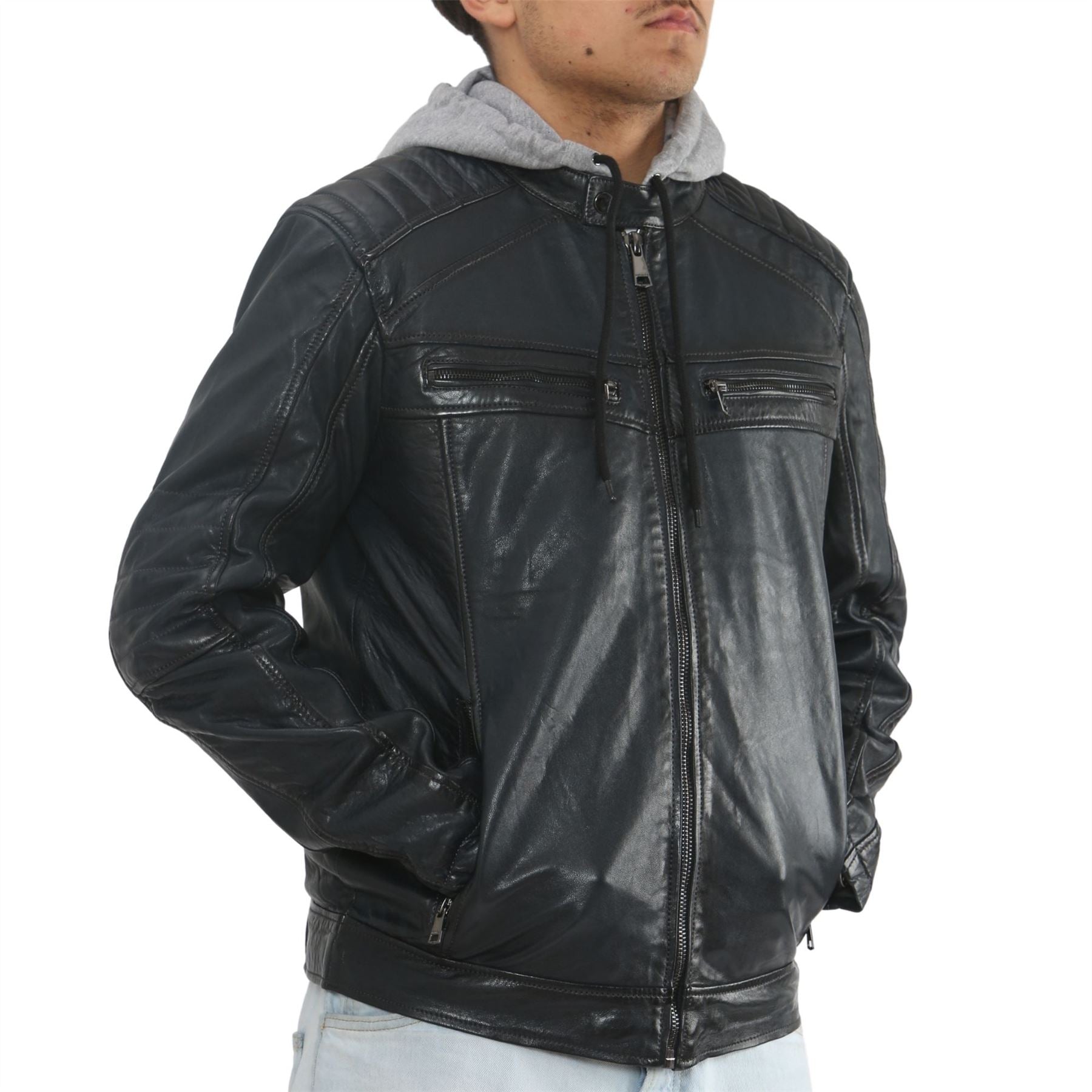 Men's Hooded Biker Lamb Leather Jacket