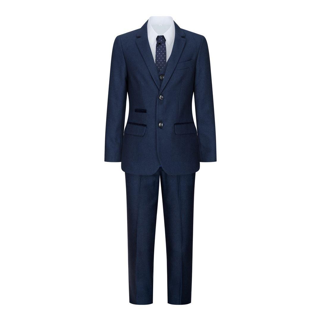 Boys Navy Blue 3 Piece Tweed Birdseye Suit Smart Formal Wedding Classic 1920s - Knighthood Store