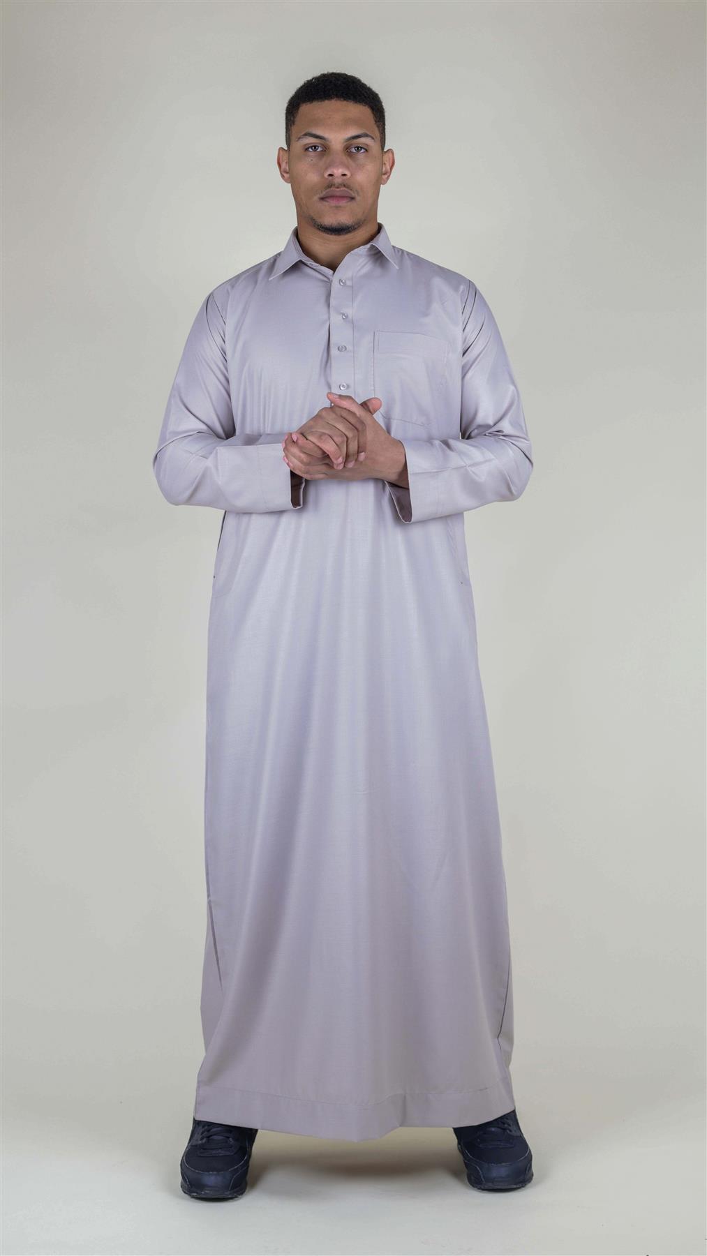 Mens Thobe Jubba Turn Down Collar Islamic Muslim Cotton Kaftan Dress Robe Arabic