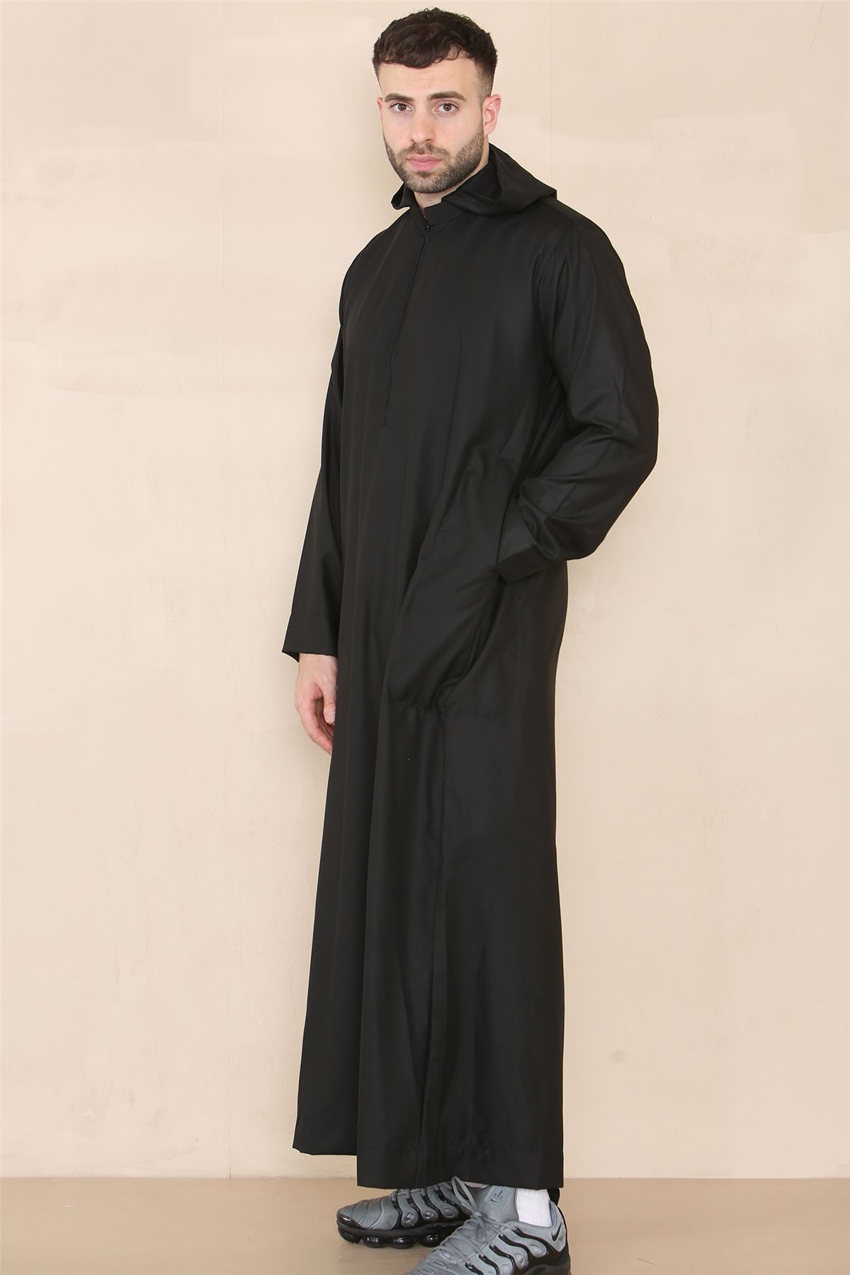 Mens Hooded Thobe Hood Jubba Nehru Stand Collar Islamic Clothing Muslim Kaftan Robe Saudi Slim Regular Fit