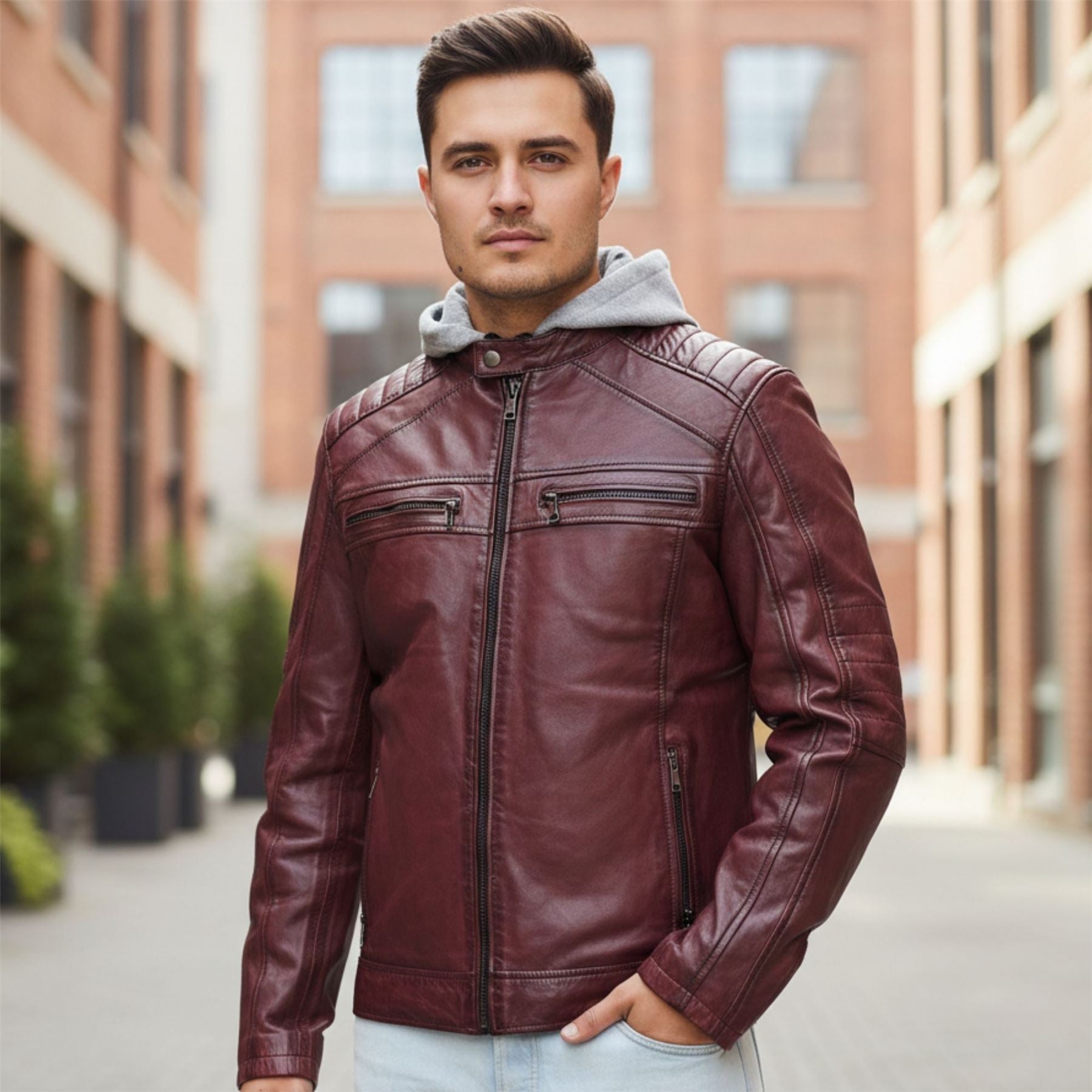 Men's Hooded Biker Lamb Leather Jacket