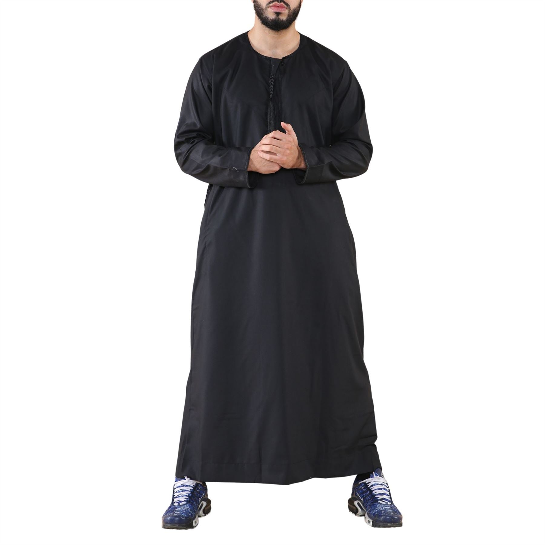 Mens Thobe Jubba Islamic Clothing Muslim Kaftan Emirati Omani Robe Arab Tassel