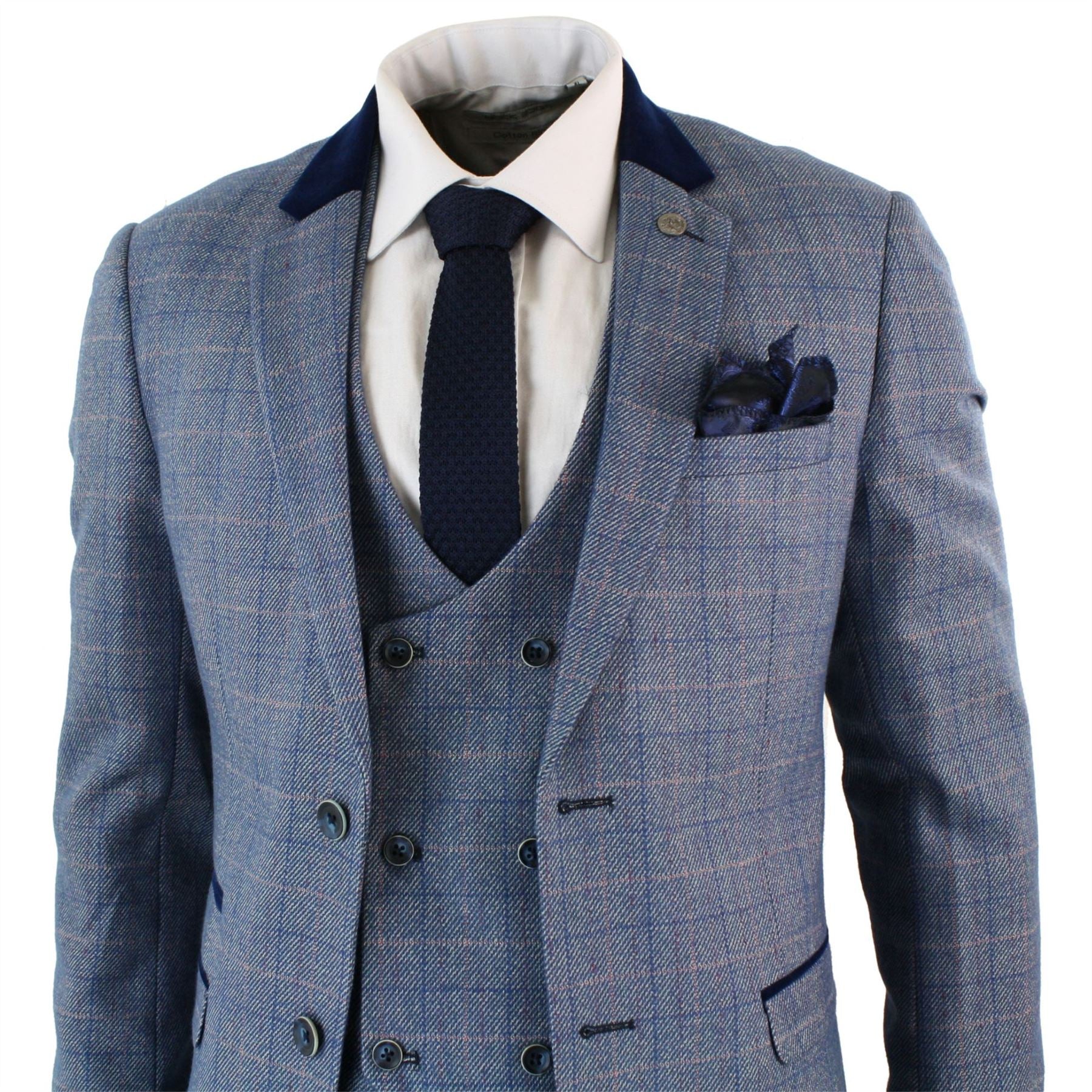 Mens Blue Check Marc Darcy 3 Piece Suit Double Breasted Waistcoat Elbow Patch