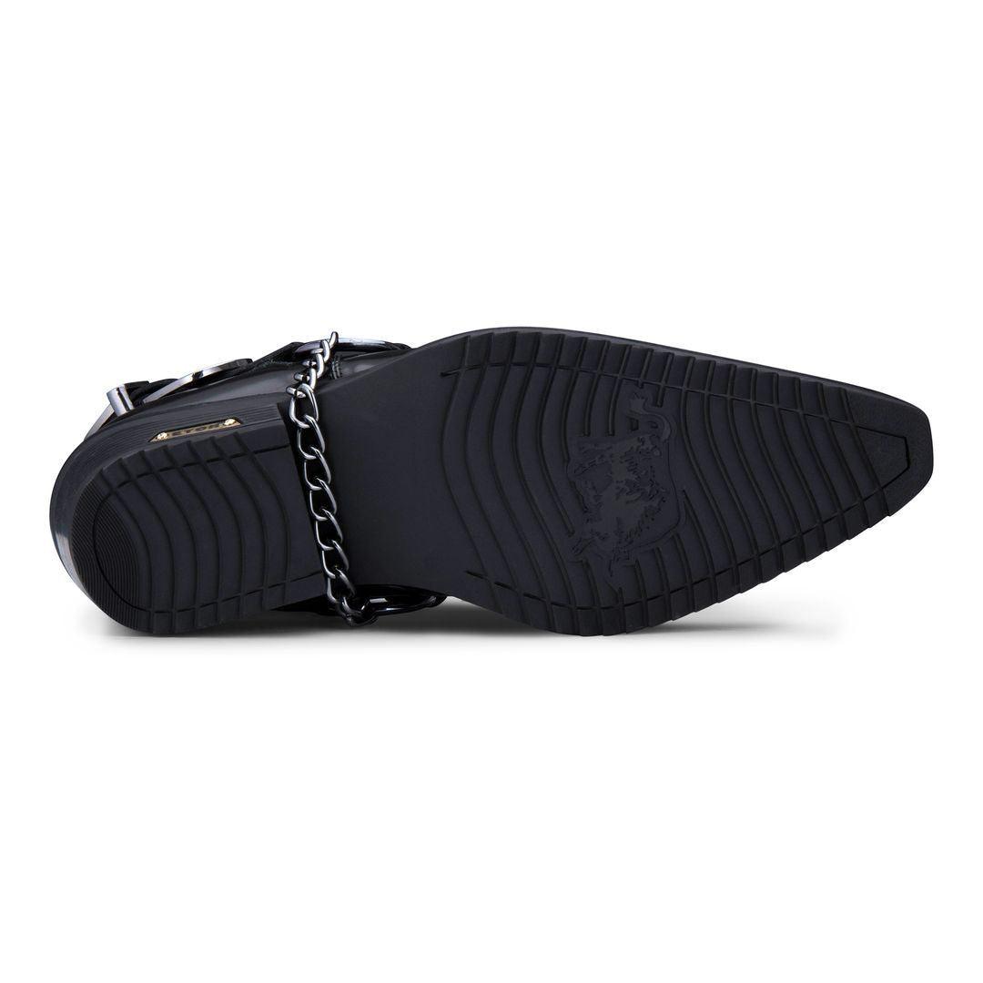 Mens Genuine Leather Western Shoes US Eagle Patent Shiny Wincklepickers Metal Chain Belt Cuban Heel Dancing Cowboy - Knighthood Store