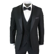 Mens 3 Piece Black Classic Satin Tuxedo Dinner Suit Tailored Fit Wedding Prom