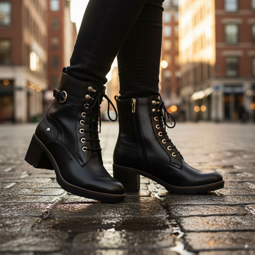 Llanes - Women’s Black Leather Mid-Heel Combat Ankle Boots