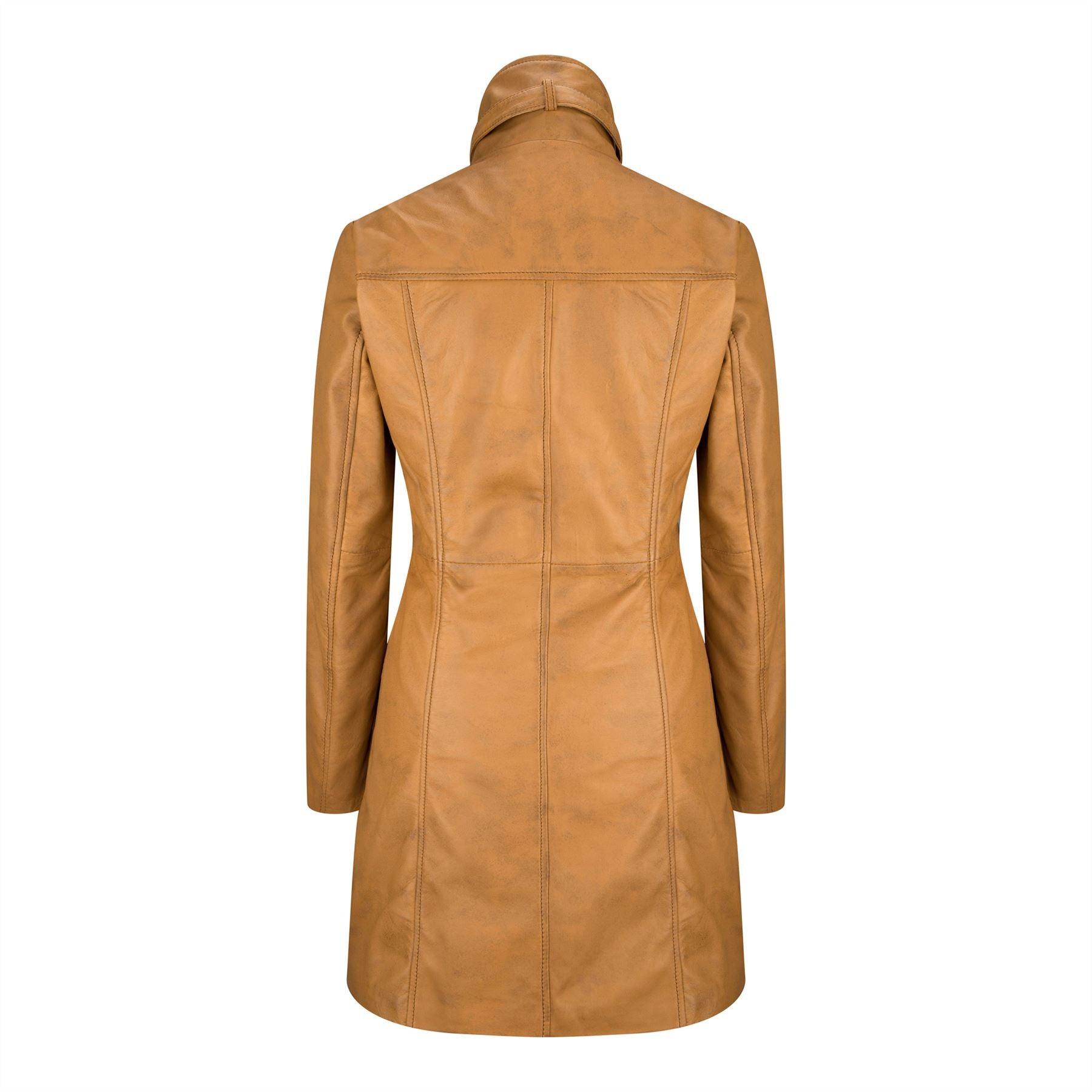 Black Tan Ladies Woman's Vintage Soft Washed Real Leather Jacket Trench Coat - Knighthood Store