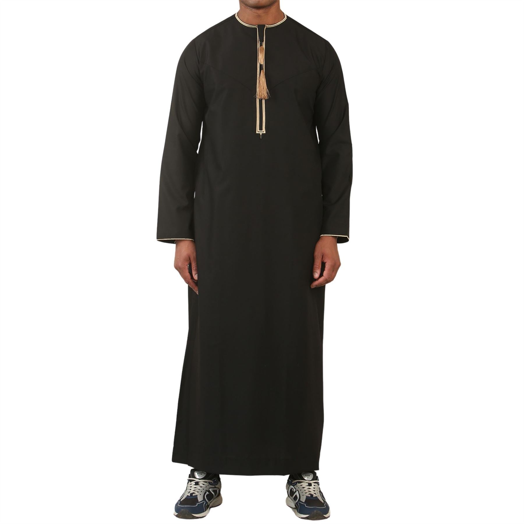 Men's Thobe Emirati Omani Jubba Islamic Clothing Muslim Kaftan Eid Robe Arab Gold Tassel Embroidery