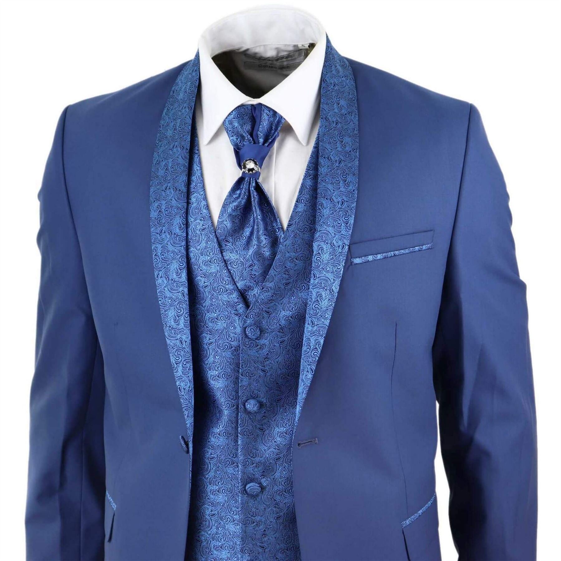 Mens 4 Piece Wedding Suit Groom Shawl Collar Vintage Blue Cravat Tailored Fit