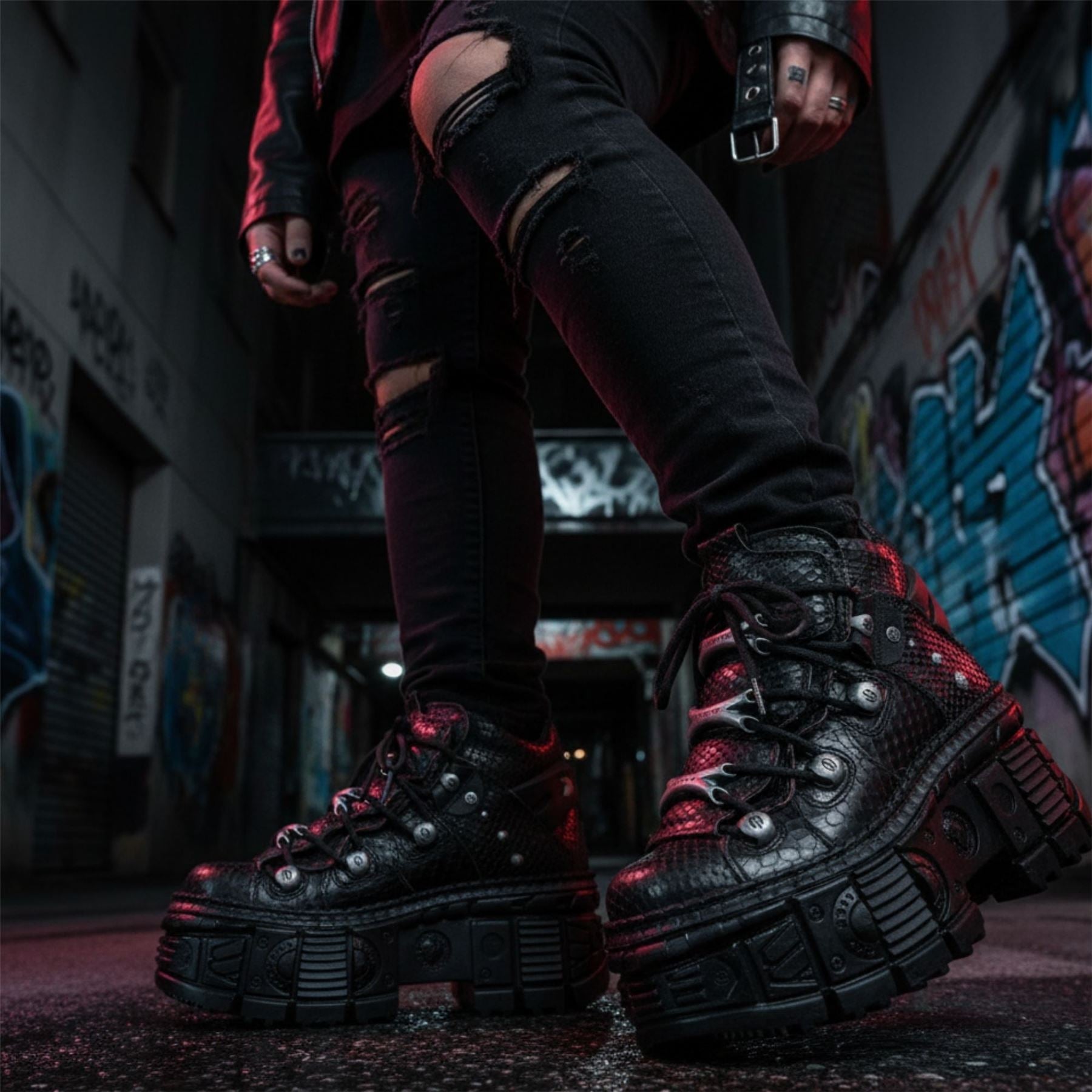 New Rock M-106WALL-C65 Black Leather Platform Ankle Boots