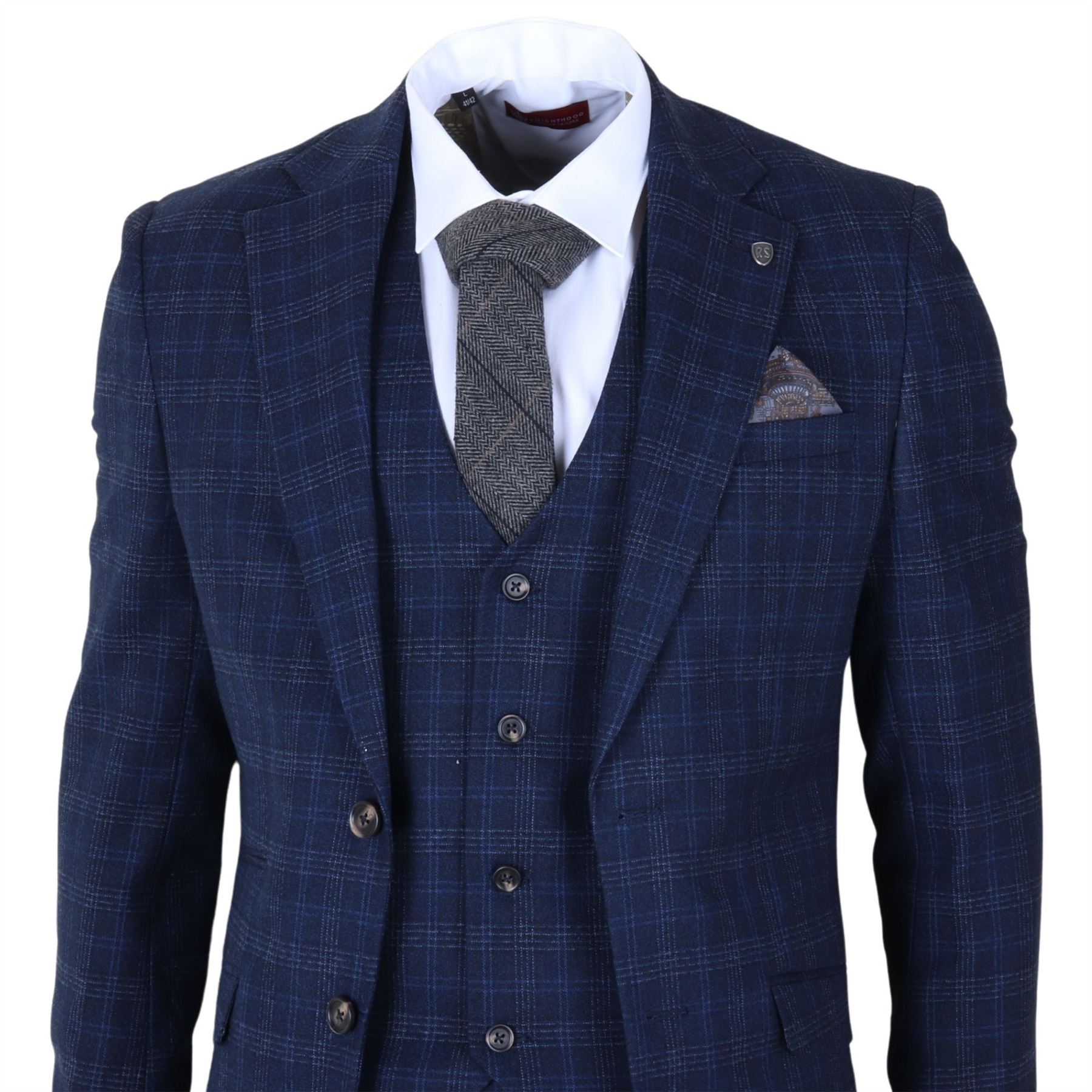 Marcos - Men's Navy Blue Plaid Check Slim Fit 3 Piece Suit