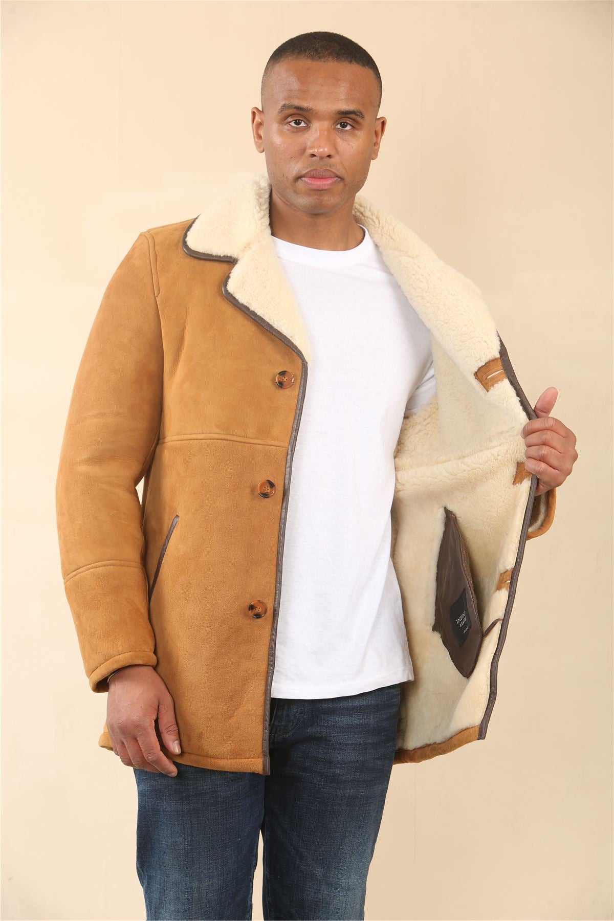 Men's Tan Shearling Sheepskin Car Coat