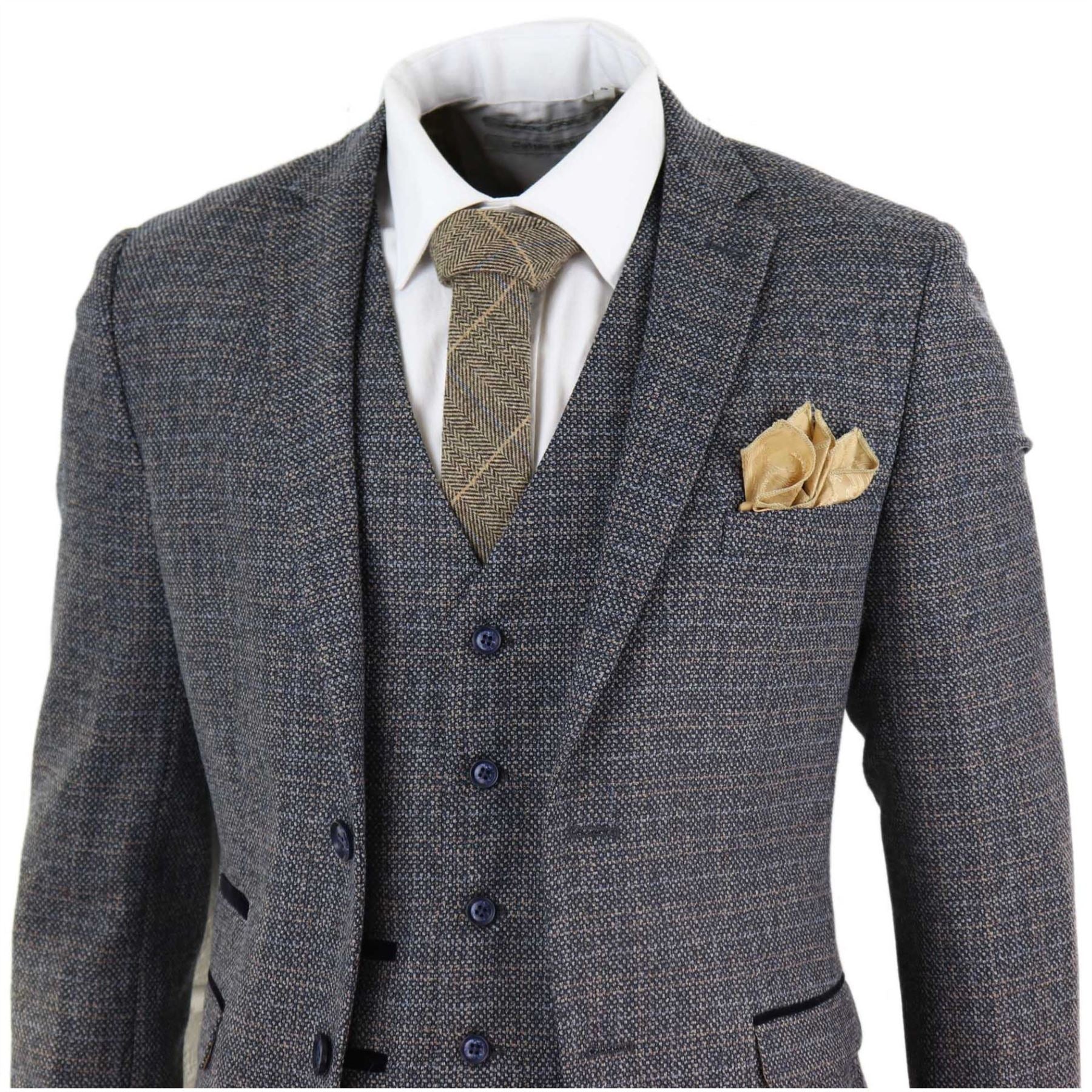 Mens 3 Piece Suit Tweed Check Vintage Retro Tailored Fit 1920s