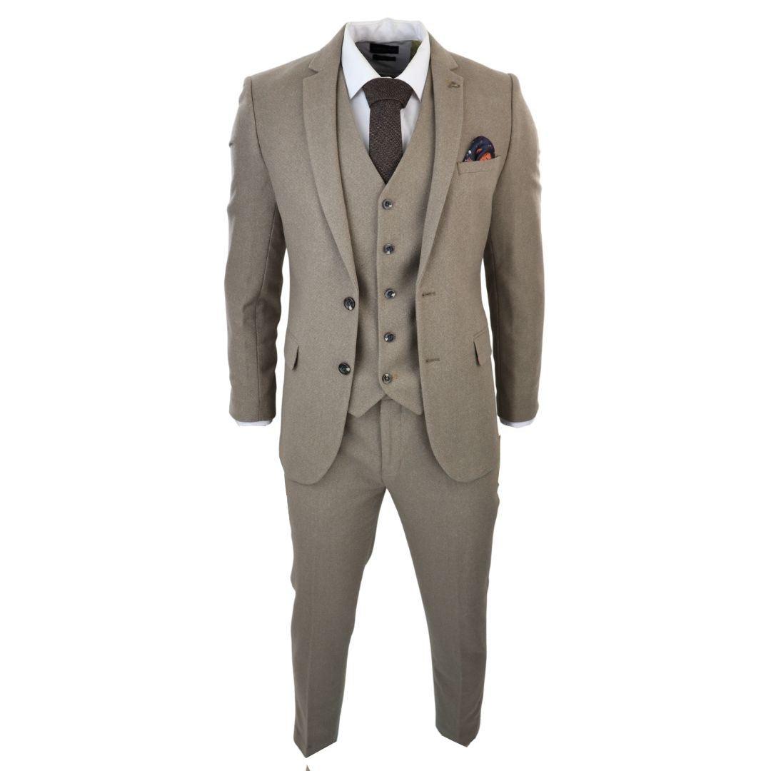Men's Beige 3 Piece Suit Tweed Wool Herringbone Formal Business Dress Suits - Knighthood Store