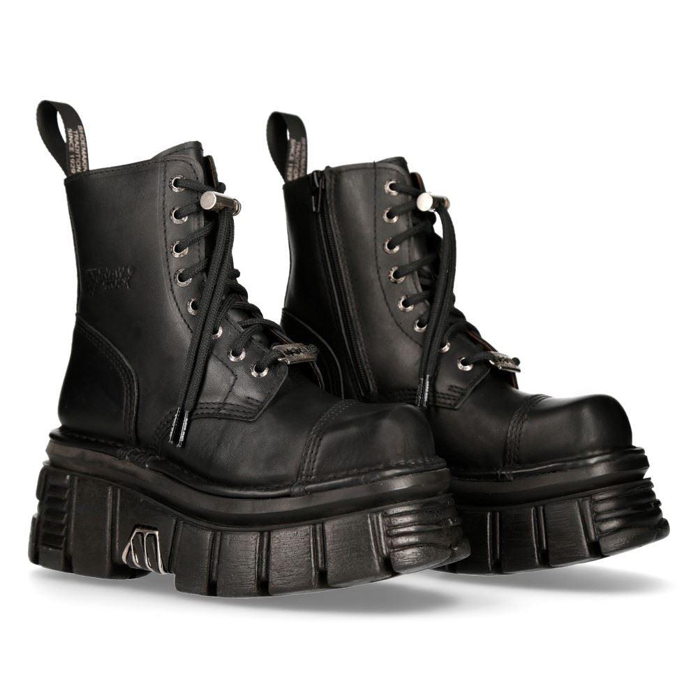 New Rock M-NewMILI083-S21 TOWER COMBAT BOOTS Black Leather Platform Biker Shoes - Knighthood Store