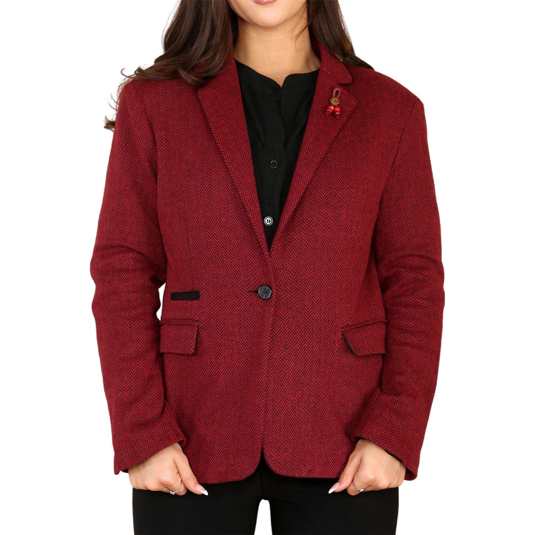 Womens Tweed Herringbone Waistcoat Blazer Jacket Wine Red Classic Vintage 1920s - Knighthood Store