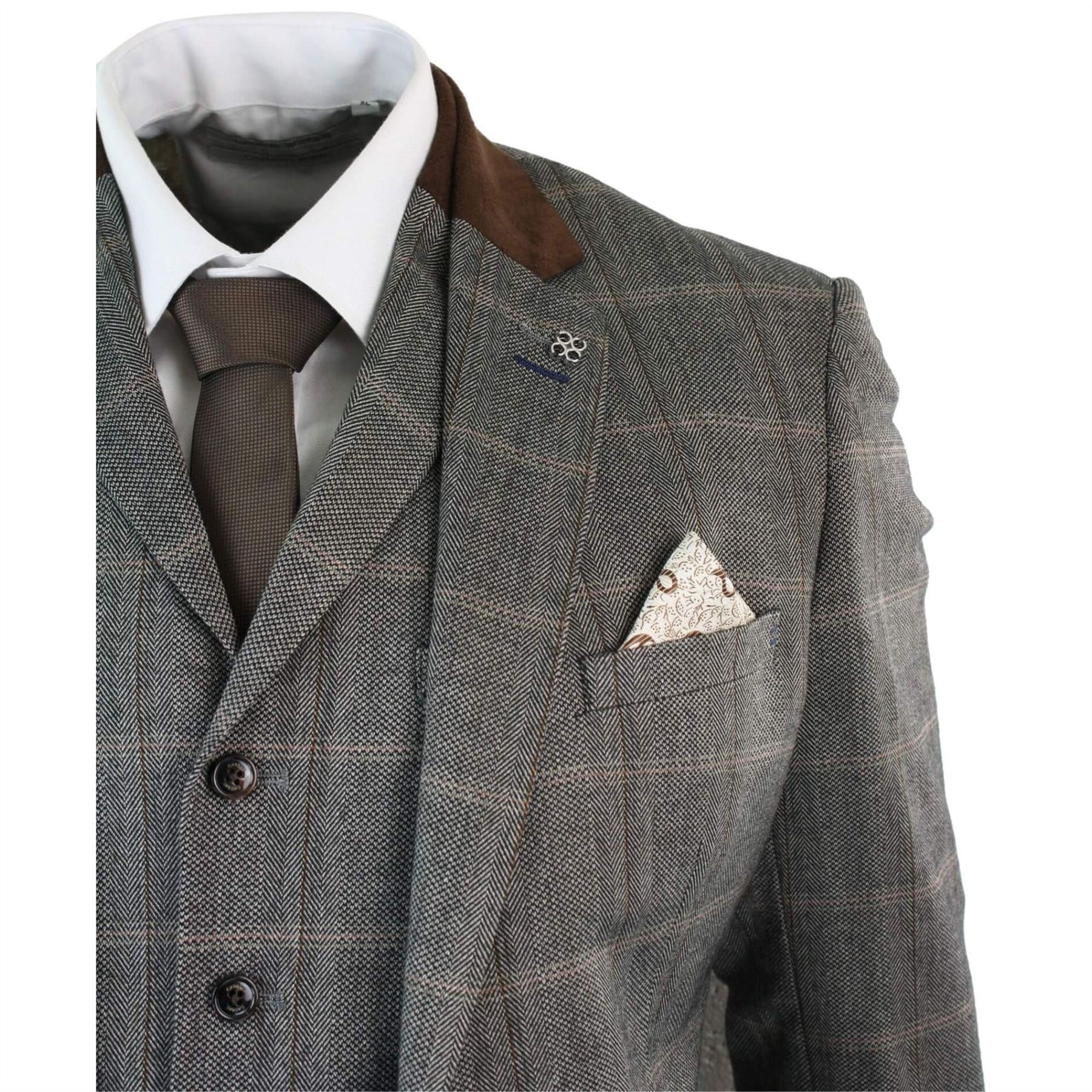Mens Check Tweed Wool 3 Piece Tan Brown Beige Suit Vintage Retro Tailored Fit