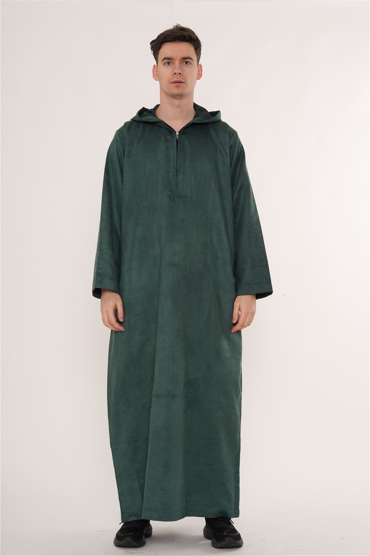 HM12 - Men's Hooded Suede Thobe Emirati Omani Zipped Thobe