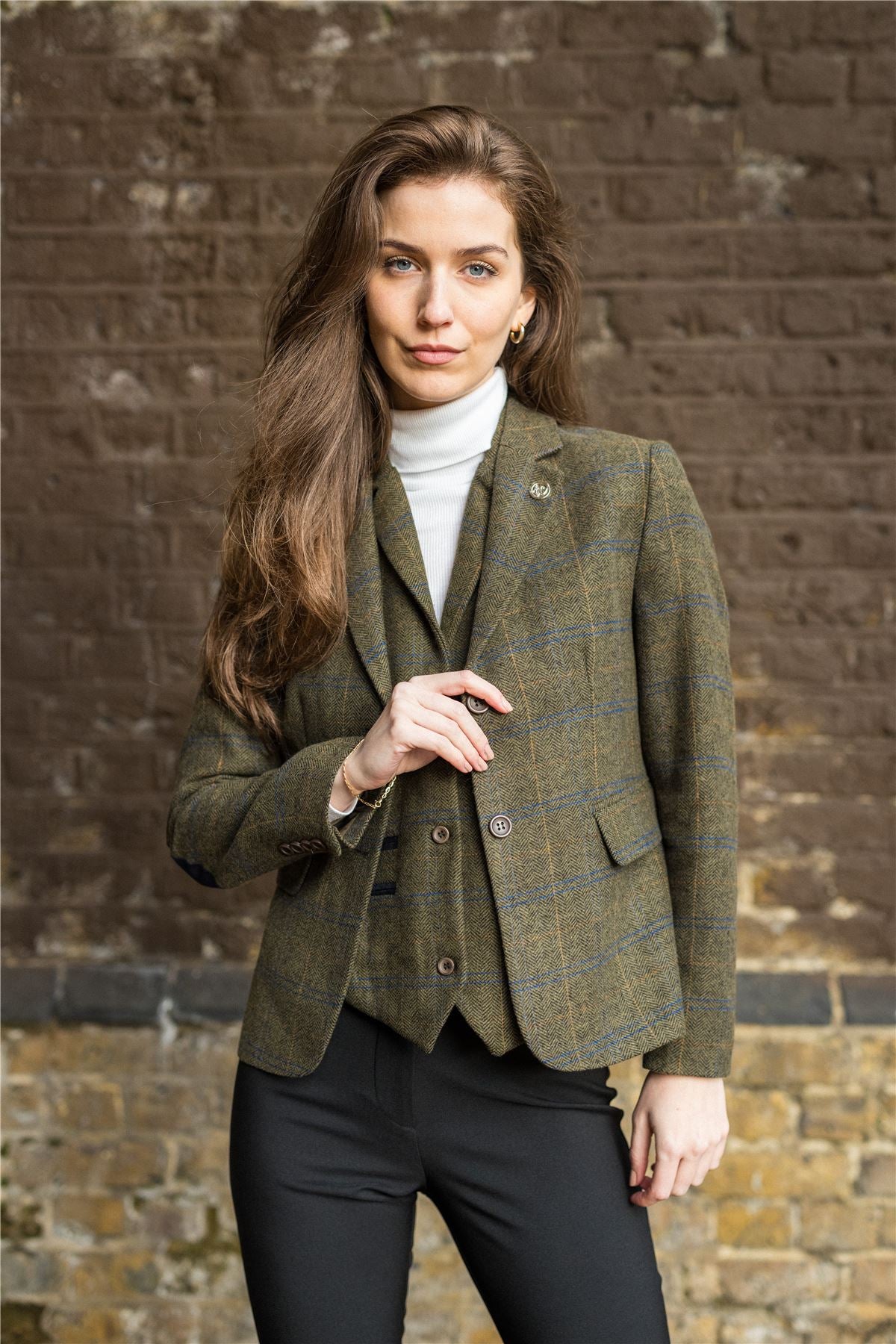 Women's Olive Green Wool Blend Tweed Herringbone Checkered Blazer Waistcoat