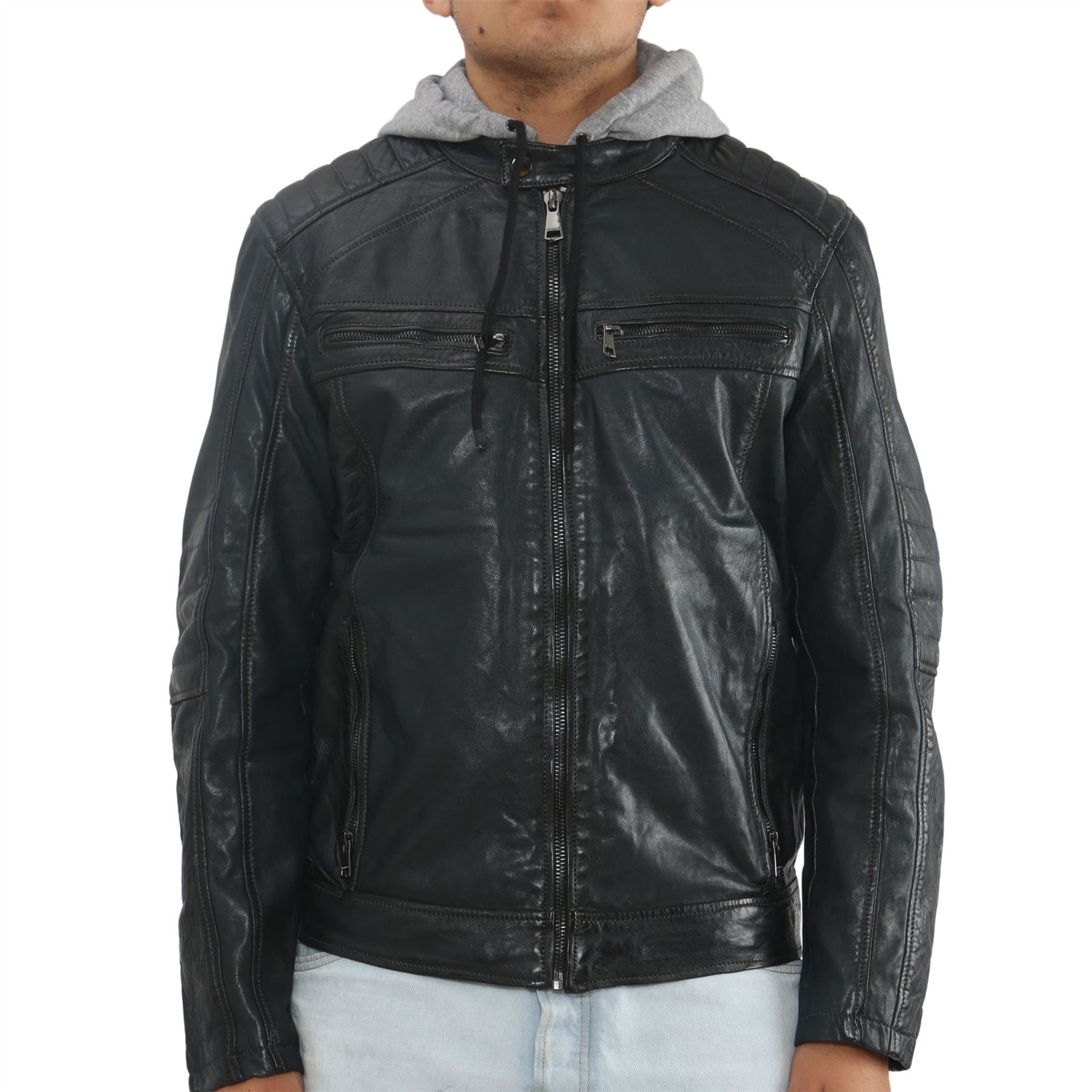 Men's Hooded Biker Lamb Leather Jacket