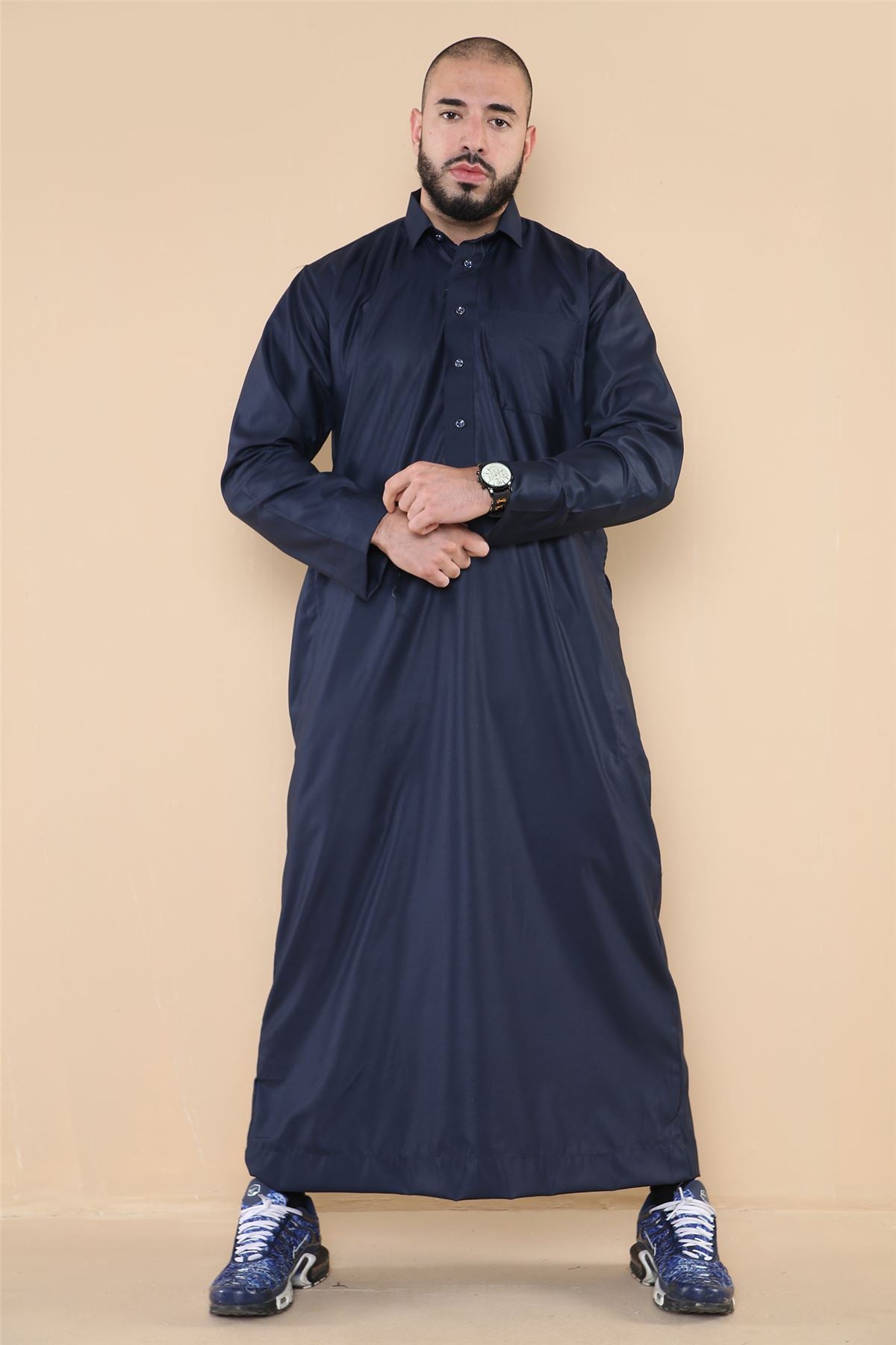 Mens Thobe Jubba Turn Down Collar Islamic Muslim Cotton Kaftan Dress Robe Arabic