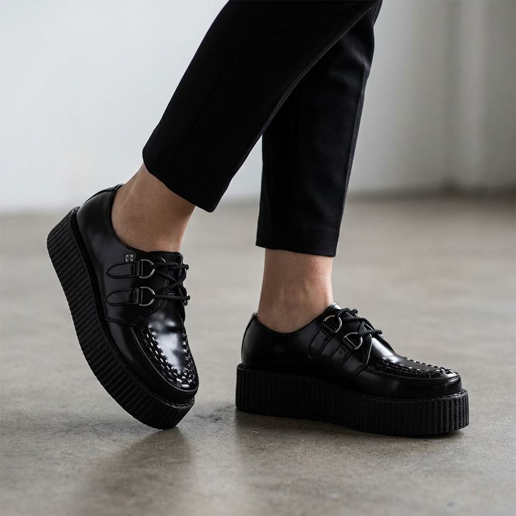 Viva High Creeper Black Leather Platform Lace-Up Goth Shoes